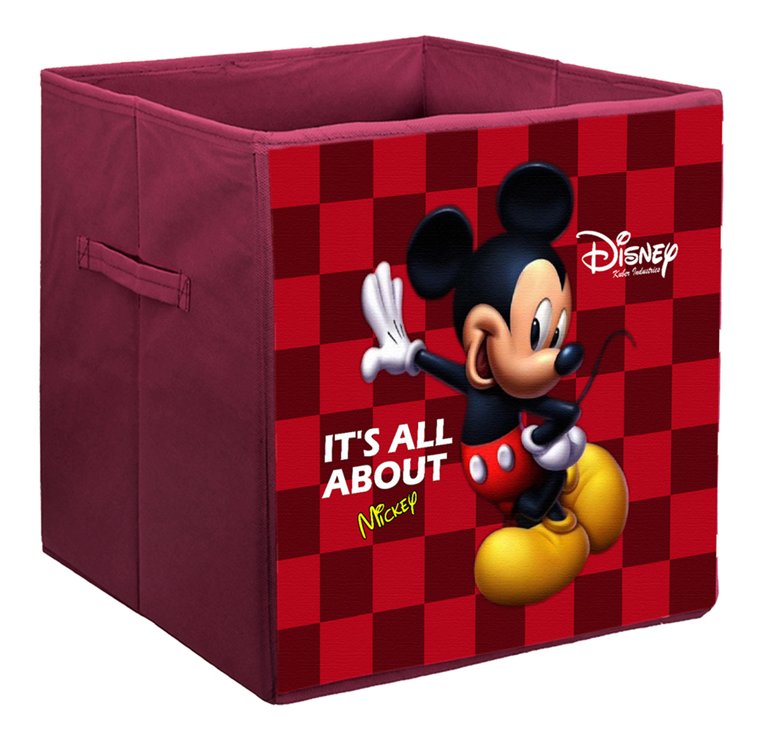 Kuber Industries Disney Mickey Mouse Print Non Woven Fabric Foldable Large Size Cloth Storage Box Toy,Books Wardrobe Organiser Cube With Handle (Maroon)
