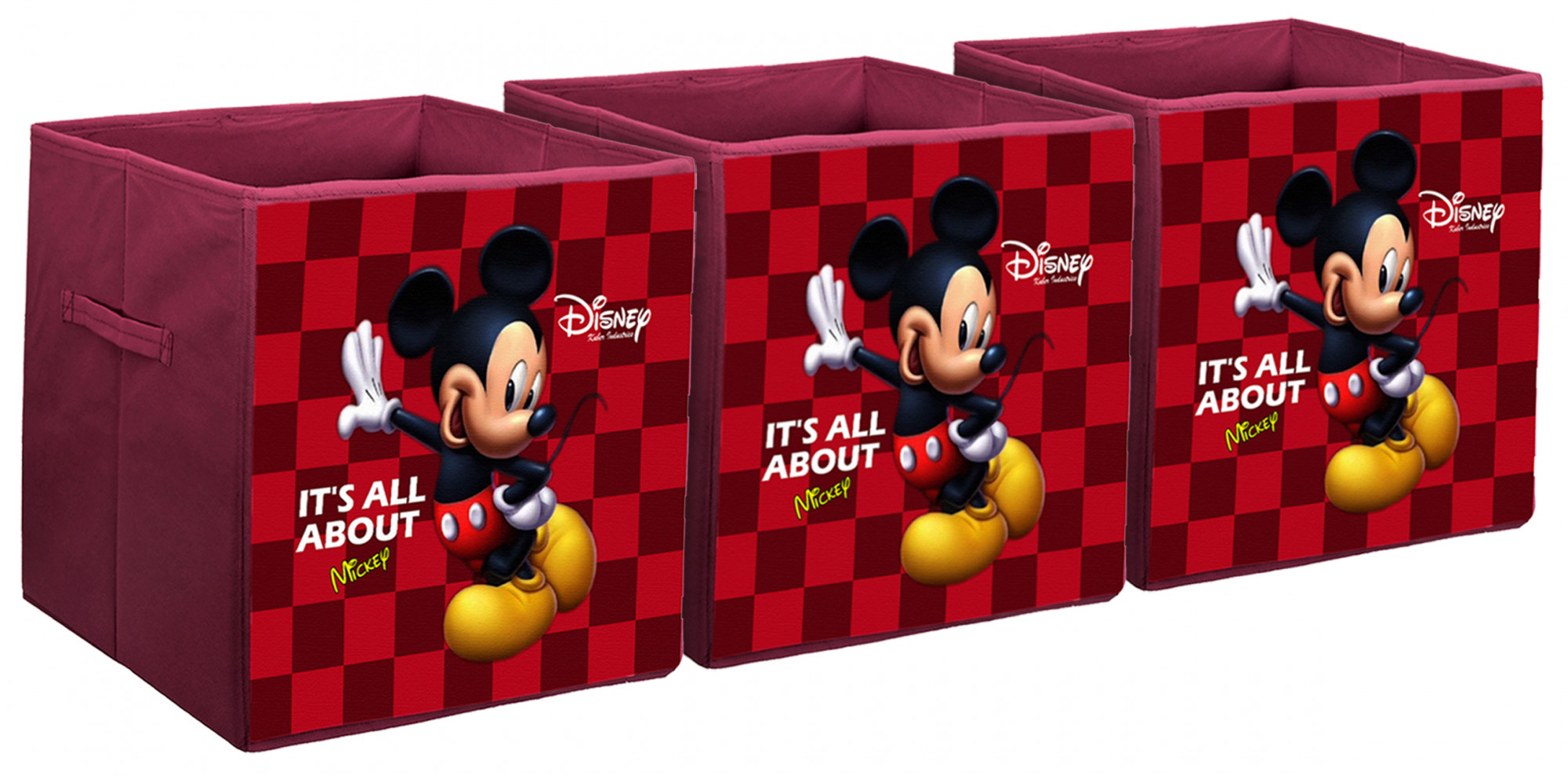 Kuber Industries Disney Mickey Mouse Print Non Woven Fabric Foldable Large Size Cloth Storage Box Toy,Books Wardrobe Organiser Cube With Handle (Maroon)