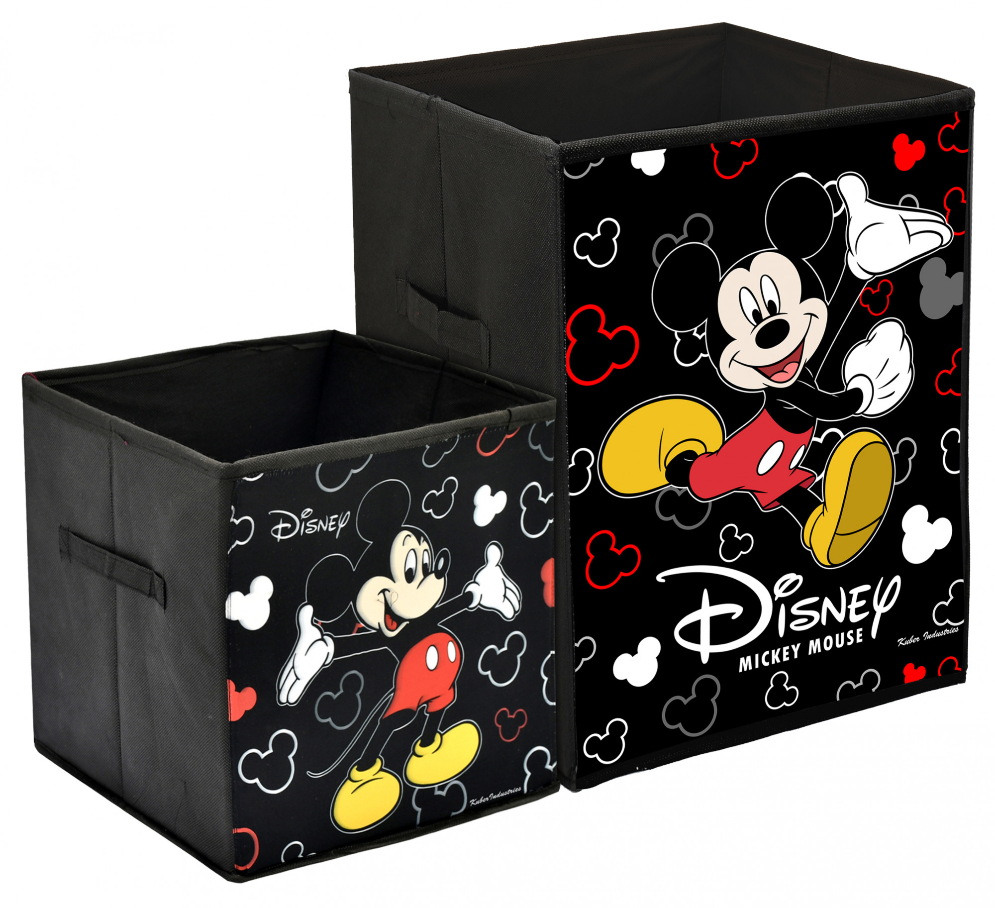 Kuber Industries Disney Mickey Mouse Print Non Woven Large Size Fabric Foldable Laundry Basket And Small Size Cube Toy,Books,Shoes Storage Box With Handle (Set Of 2, Black)-KUBMRT11899