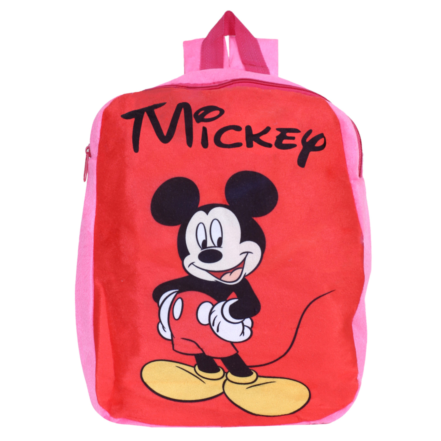 Kuber Industries Disney Mickey Plush Backpack|2 Compartment Stitched Velvet School Bag|Durable Toddler Haversack For Travel,School with Zipper Closure (Red & Pink)