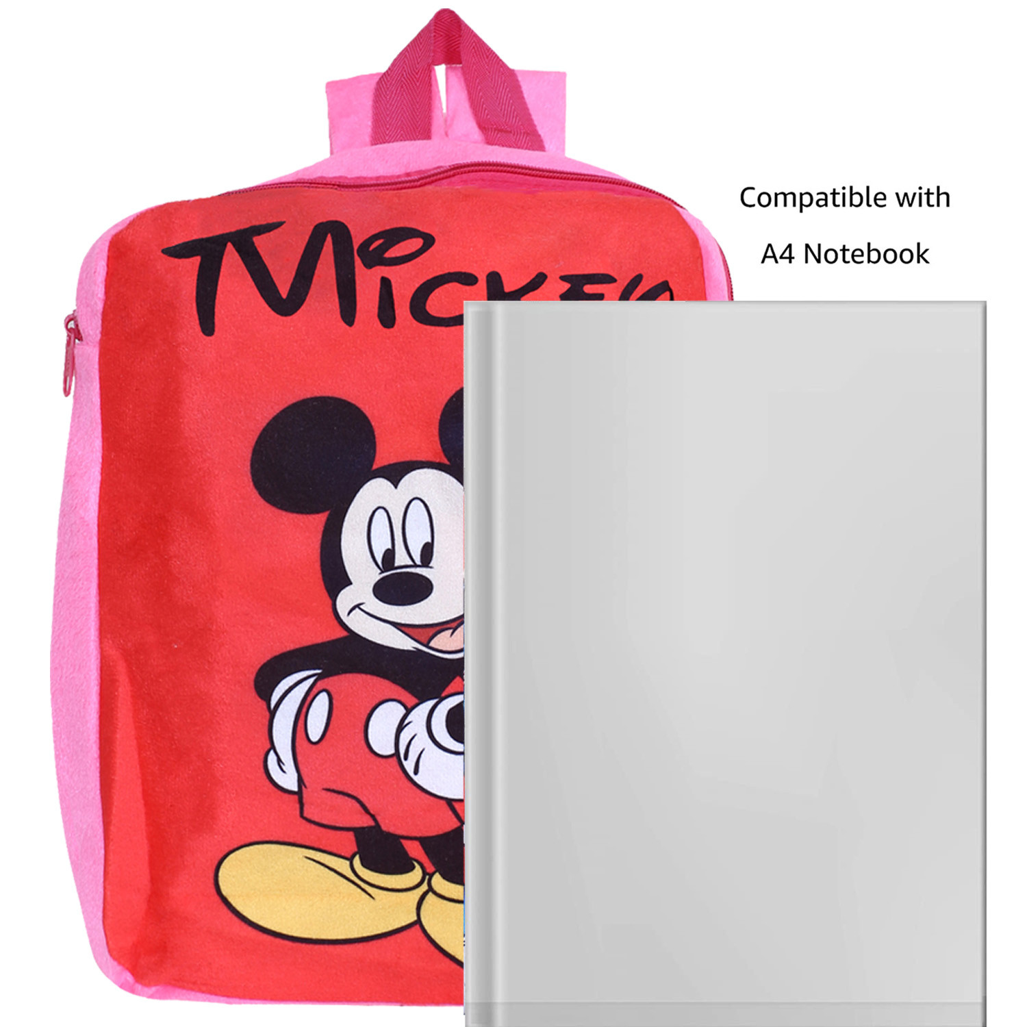Kuber Industries Disney Mickey Plush Backpack|2 Compartment Stitched Velvet School Bag|Durable Toddler Haversack For Travel,School with Zipper Closure (Red & Pink)