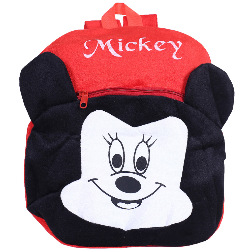 Kuber Industries Disney Mickey Plush Backpack|2 Compartment Velvet School Bag|Lower Side Mickey Face Haversack For Travel,School with Zipper (Red)