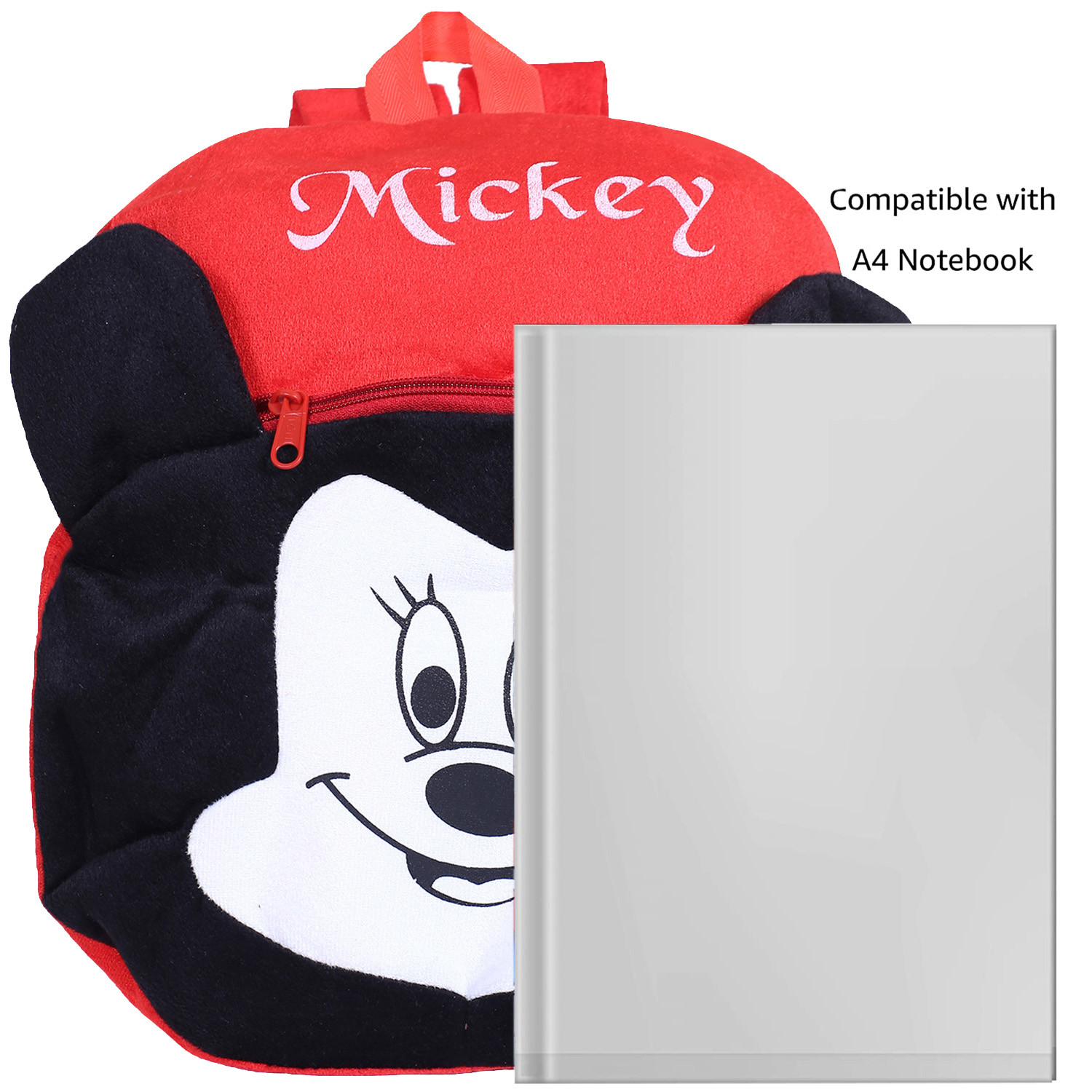 Kuber Industries Disney Mickey Plush Backpack|2 Compartment Velvet School Bag|Lower Side Mickey Face Haversack For Travel,School with Zipper (Red)