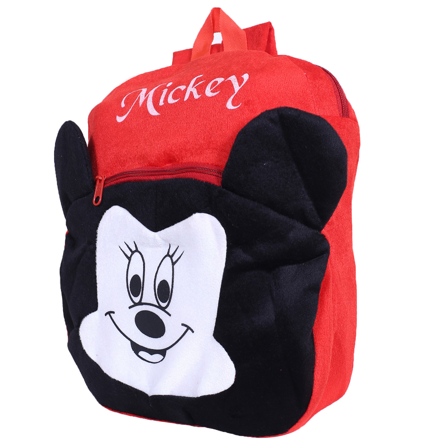 Kuber Industries Disney Mickey Plush Backpack|2 Compartment Velvet School Bag|Lower Side Mickey Face Haversack For Travel,School with Zipper (Red)
