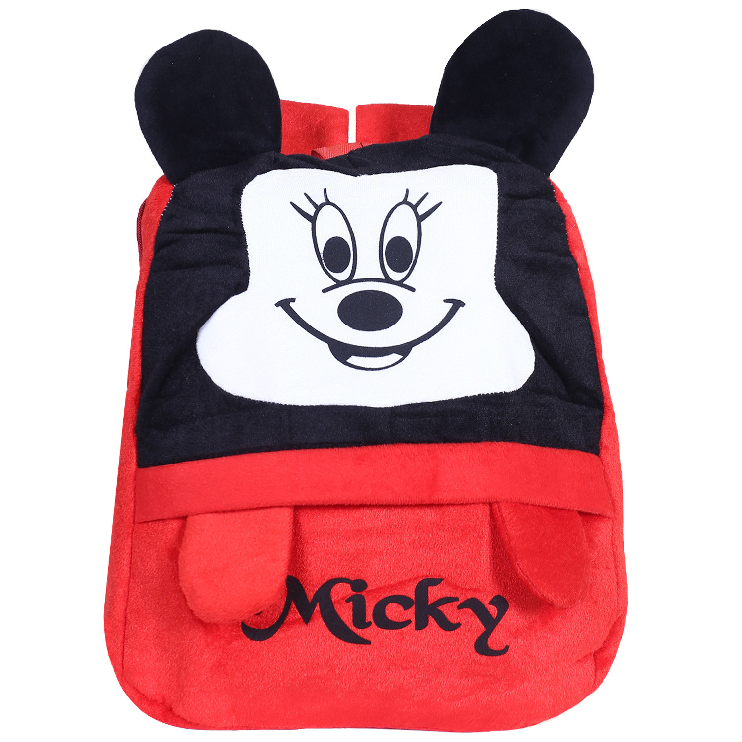 Kuber Industries Disney Mickey Plush Backpack 2 Compartment Velvet School Bag Upper Side Mickey Face Haversack For Travel School with Zipper Red