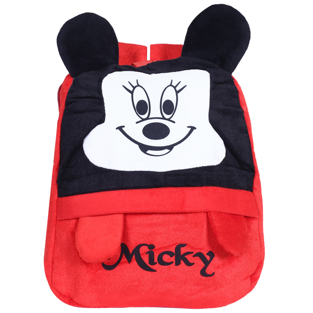 Kuber Industries Disney Mickey Plush Backpack|2 Compartment Velvet School Bag|Upper Side Mickey Face Haversack For Travel,School with Zipper (Red)