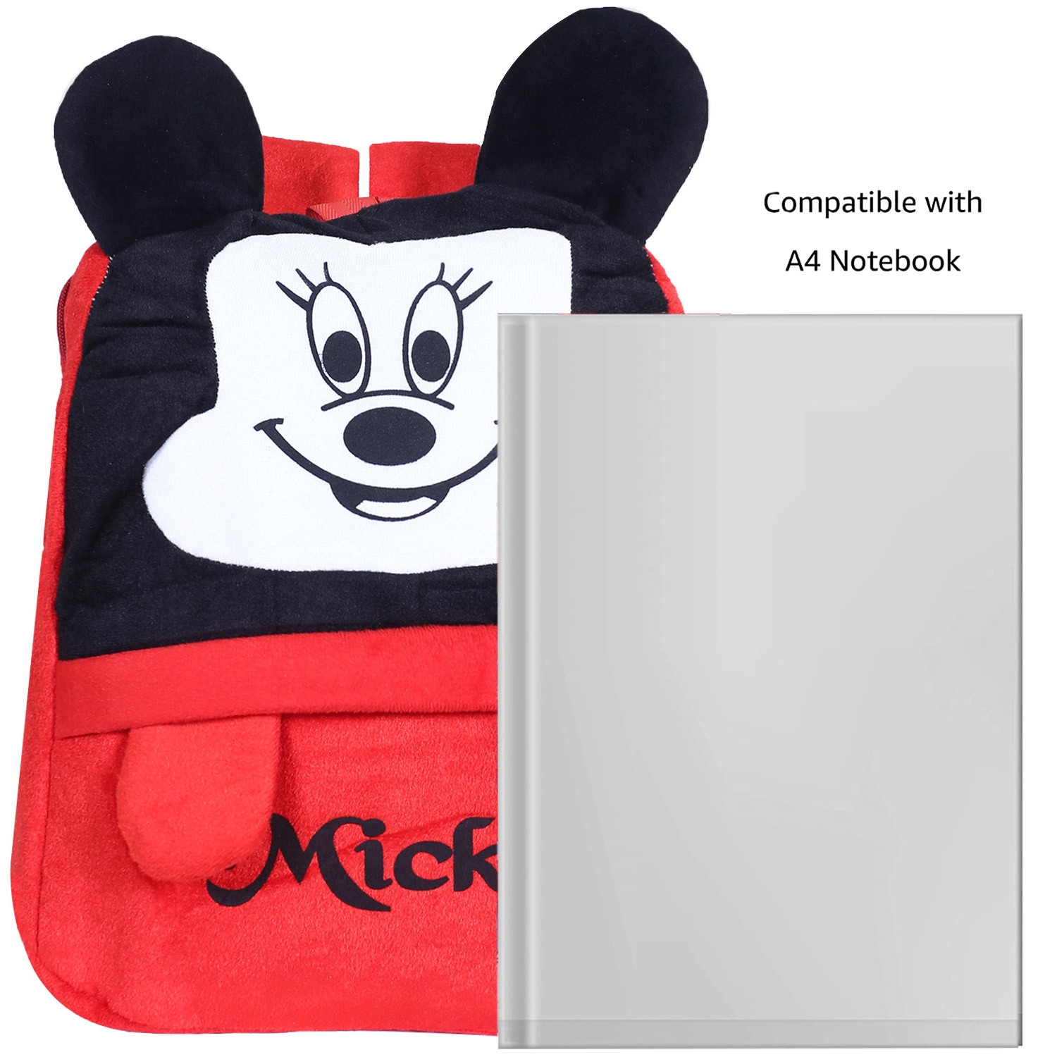 Kuber Industries Disney Mickey Plush Backpack|2 Compartment Velvet School Bag|Upper Side Mickey Face Haversack For Travel,School with Zipper (Red)