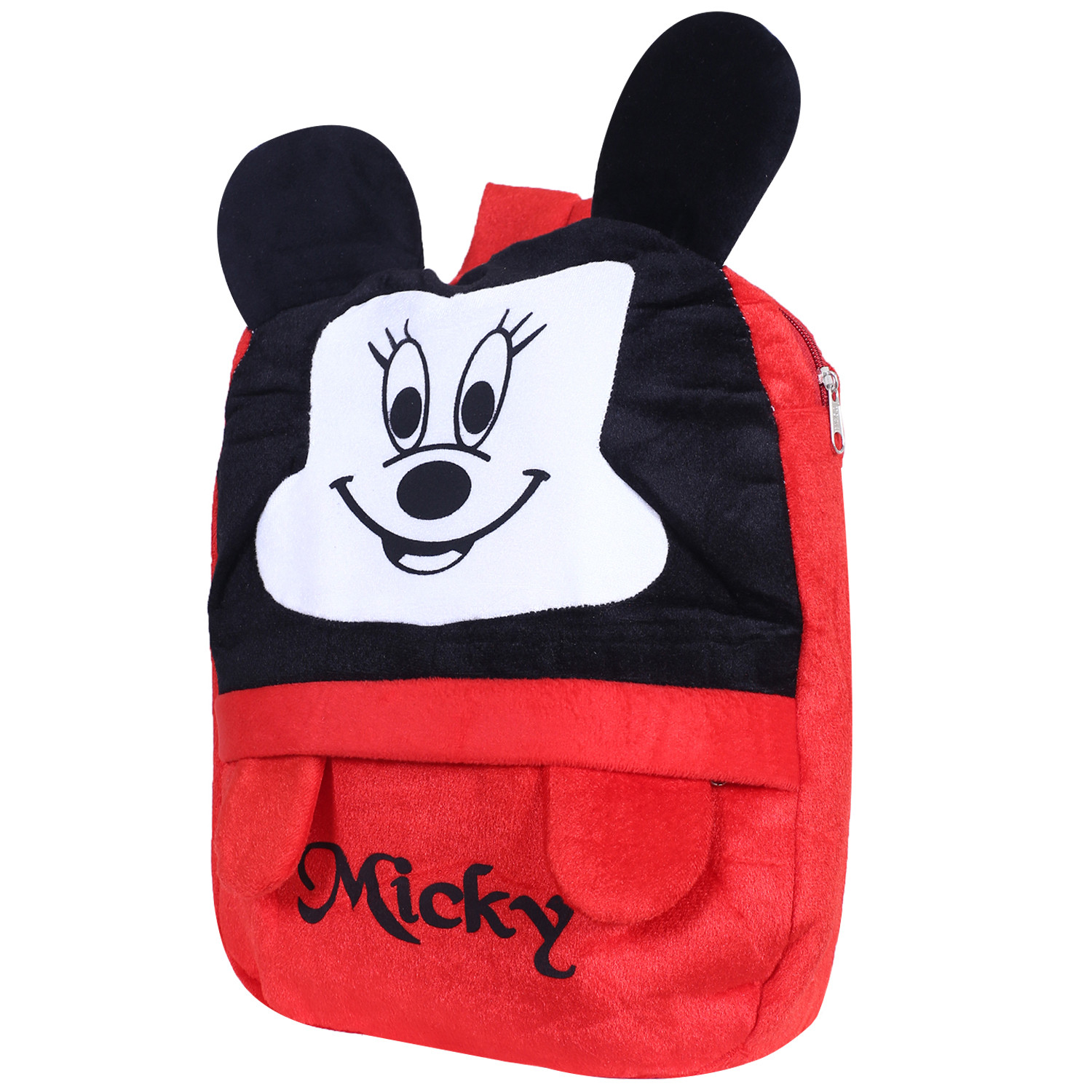 Kuber Industries Disney Mickey Plush Backpack|2 Compartment Velvet School Bag|Upper Side Mickey Face Haversack For Travel,School with Zipper (Red)