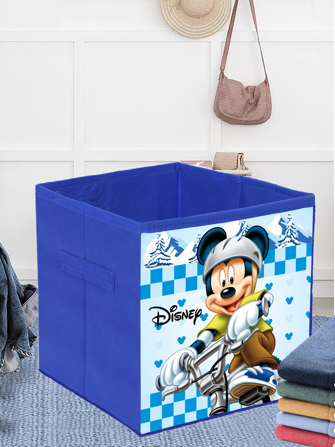 Kuber Industries Disney Mickey Print Durable & Collapsible Square Storage Box|Clothes Organizer With Handle,.(Blue)