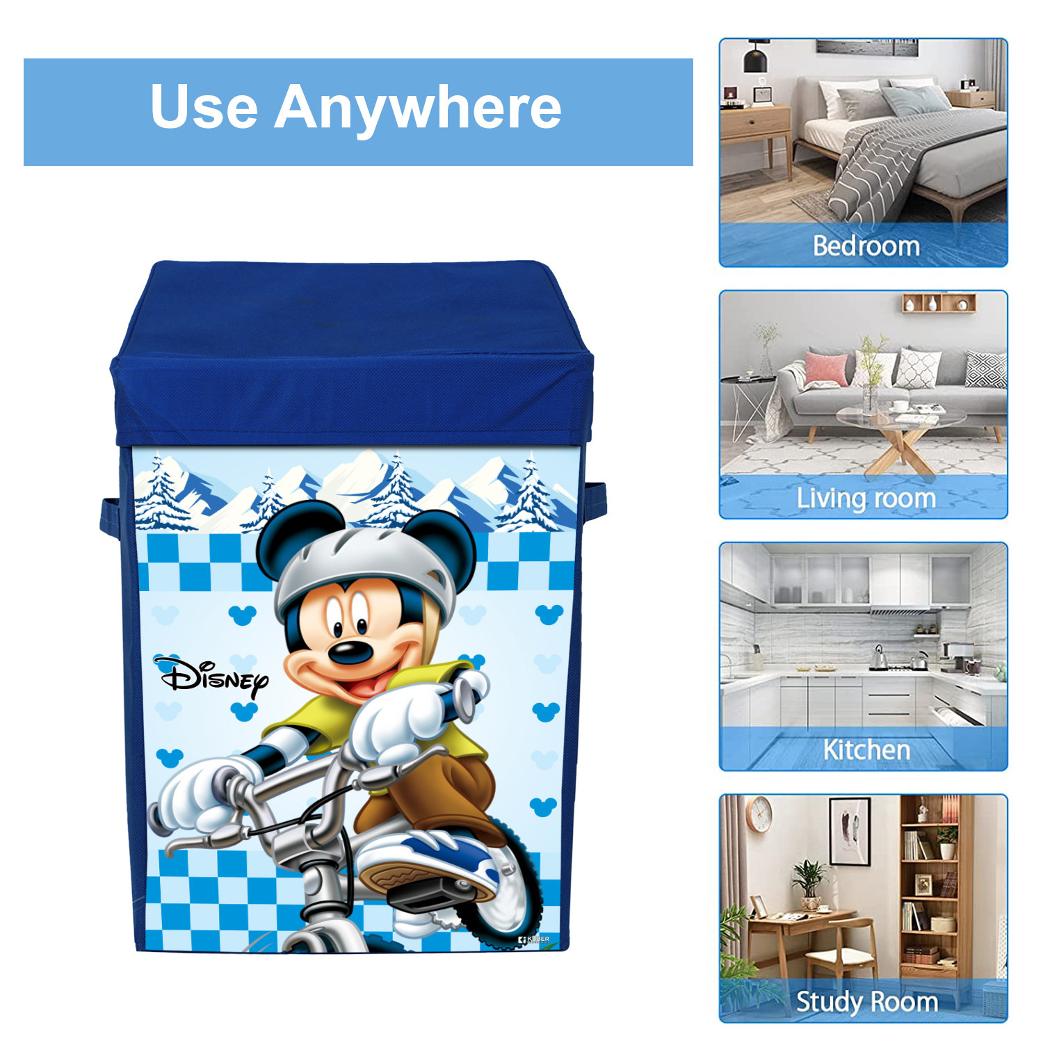 Kuber Industries Disney Mickey Print Foldable Laundry Basket|Clothes Storage Basket With Handle & Lid,60 Ltr.(Blue)