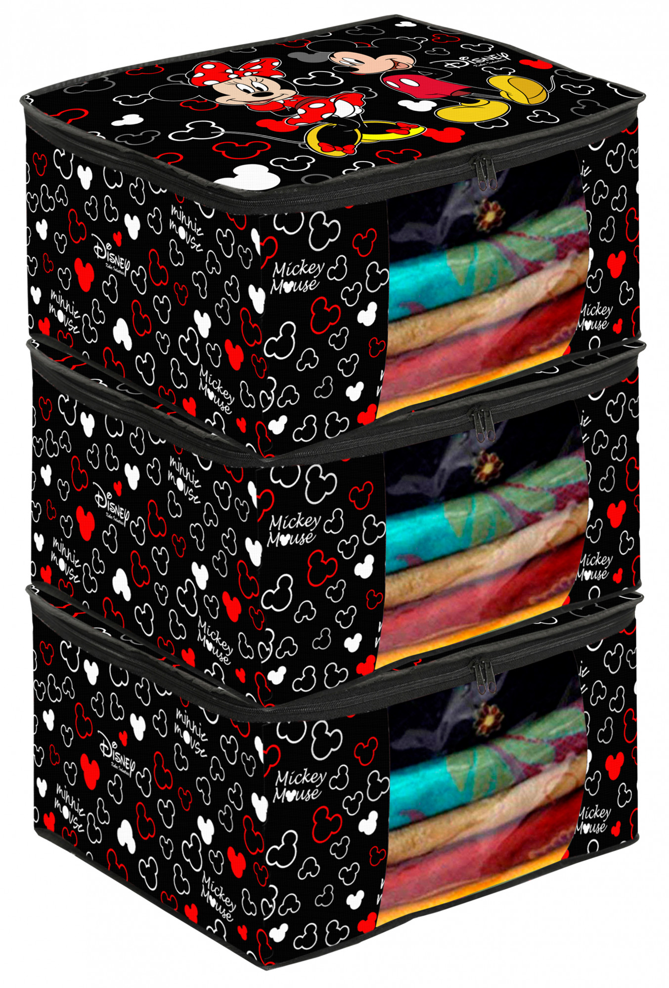 Kuber Industries Disney Mickey Print Non Woven Fabric Saree Cover/Clothes Organiser For Wardrobe Set with Transparent Window, Extra Large (Black) -HS_35_KUBMART18125