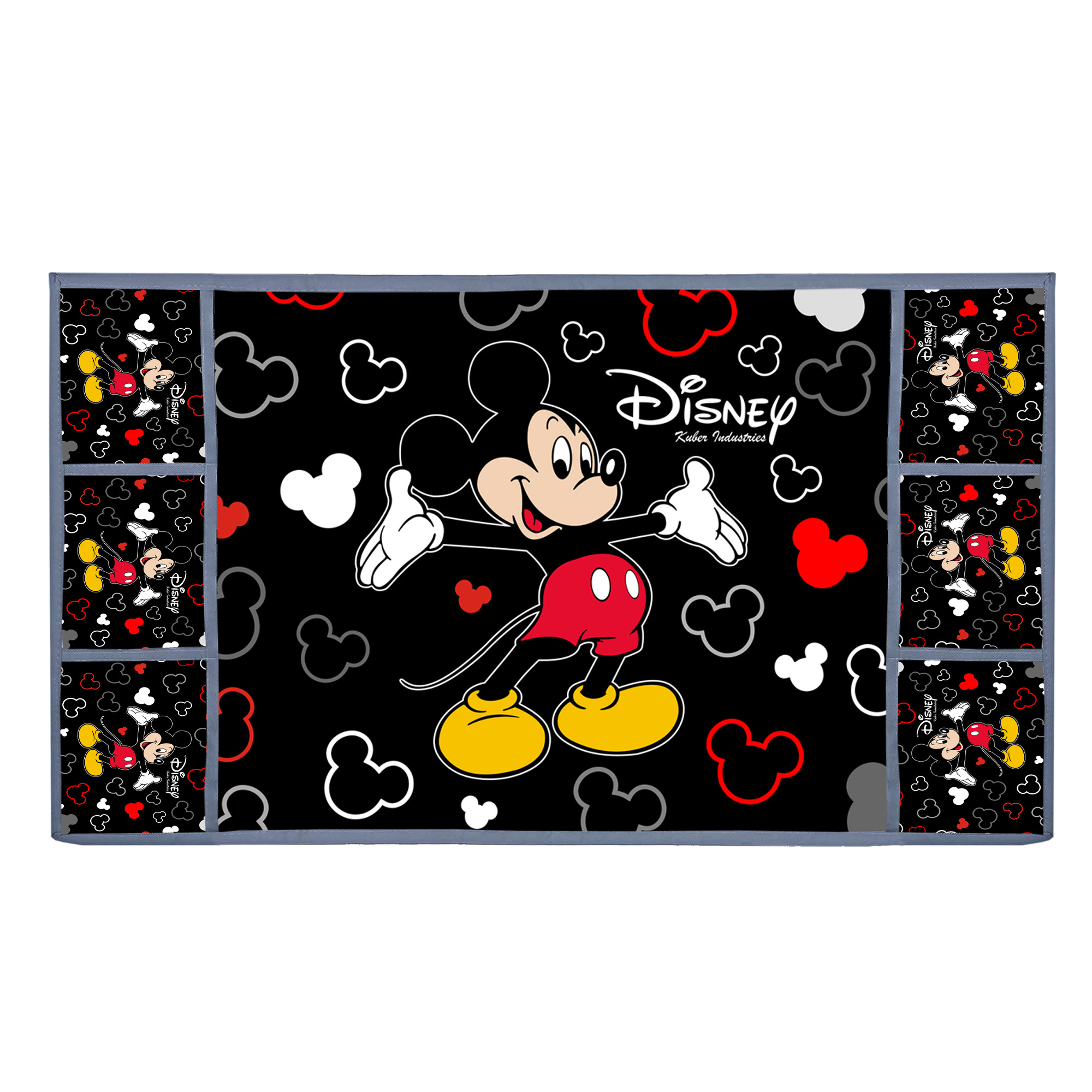 Kuber Industries Disney Mickey Print Silk Special long Crush 3-Layered Fridge/Refrigerator Top Cover with 6 Utility Pockets,Black