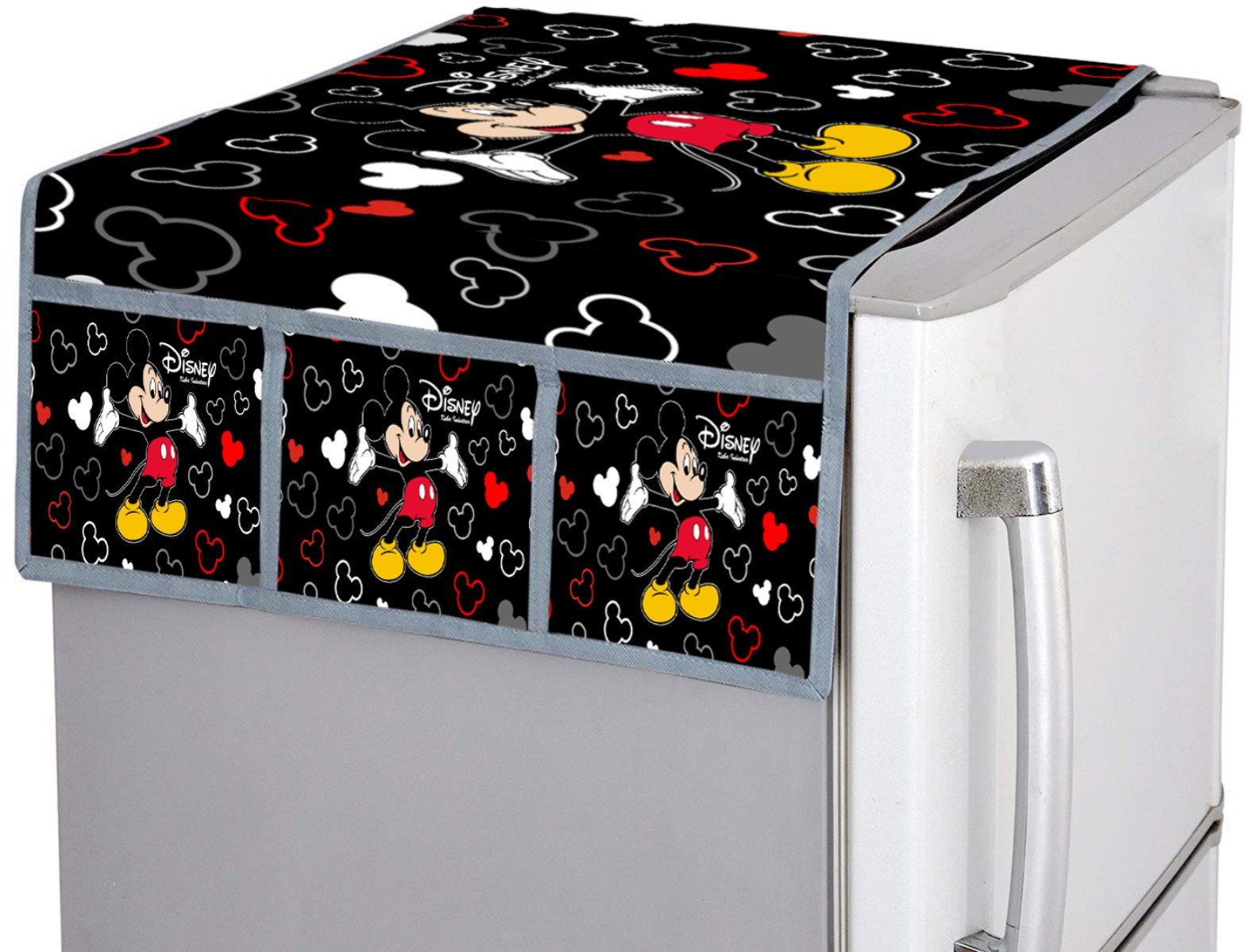 Kuber Industries Disney Mickey Print Silk Special long Crush 3-Layered Fridge/Refrigerator Top Cover with 6 Utility Pockets,Black