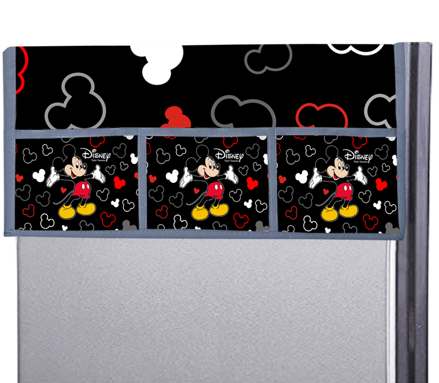 Kuber Industries Disney Mickey Print Silk Special long Crush 3-Layered Fridge/Refrigerator Top Cover with 6 Utility Pockets,Black