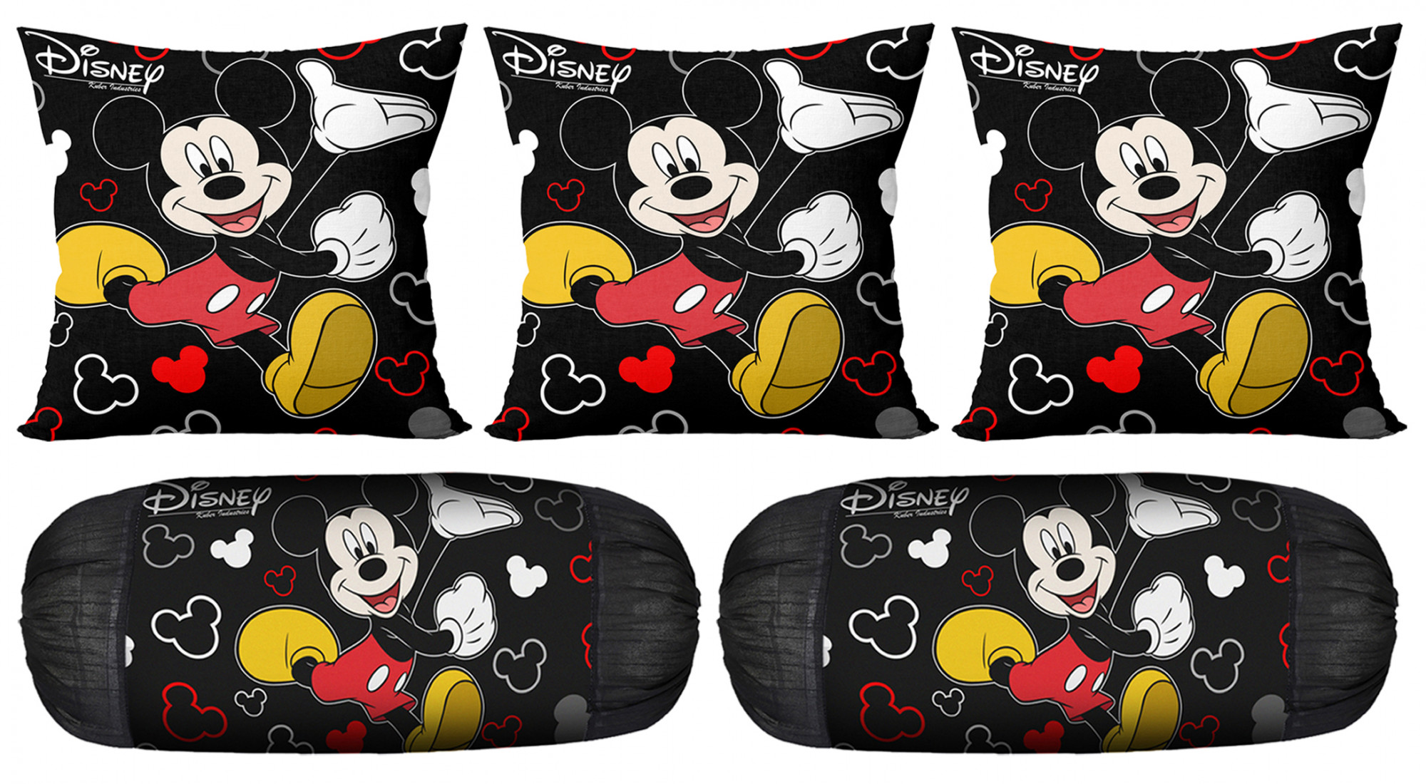 Kuber Industries Disney Mickey Print Silk Special long Crush Bolster Cover & Cushion Cover Set Of 5 Pcs (Black)