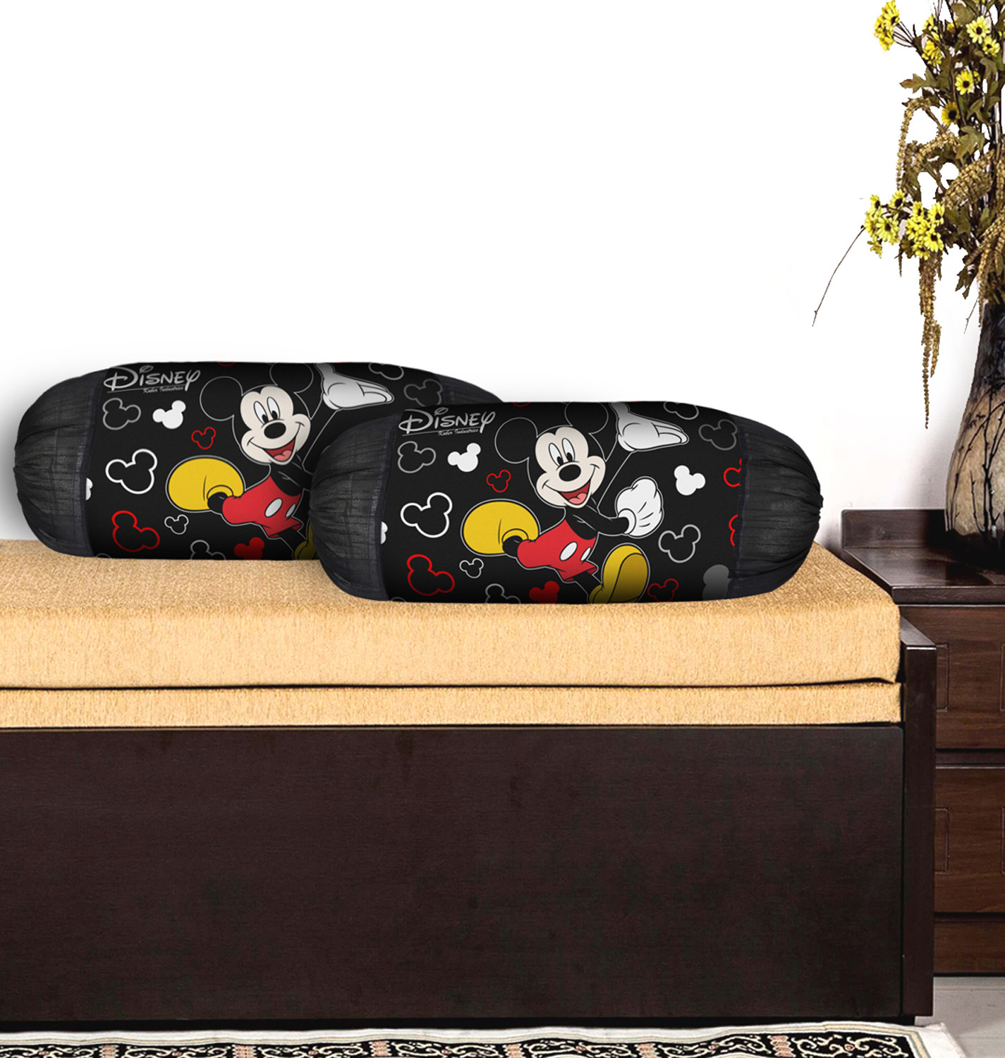 Kuber Industries Disney Mickey Print Silk Special long Crush Bolster Cover-Black