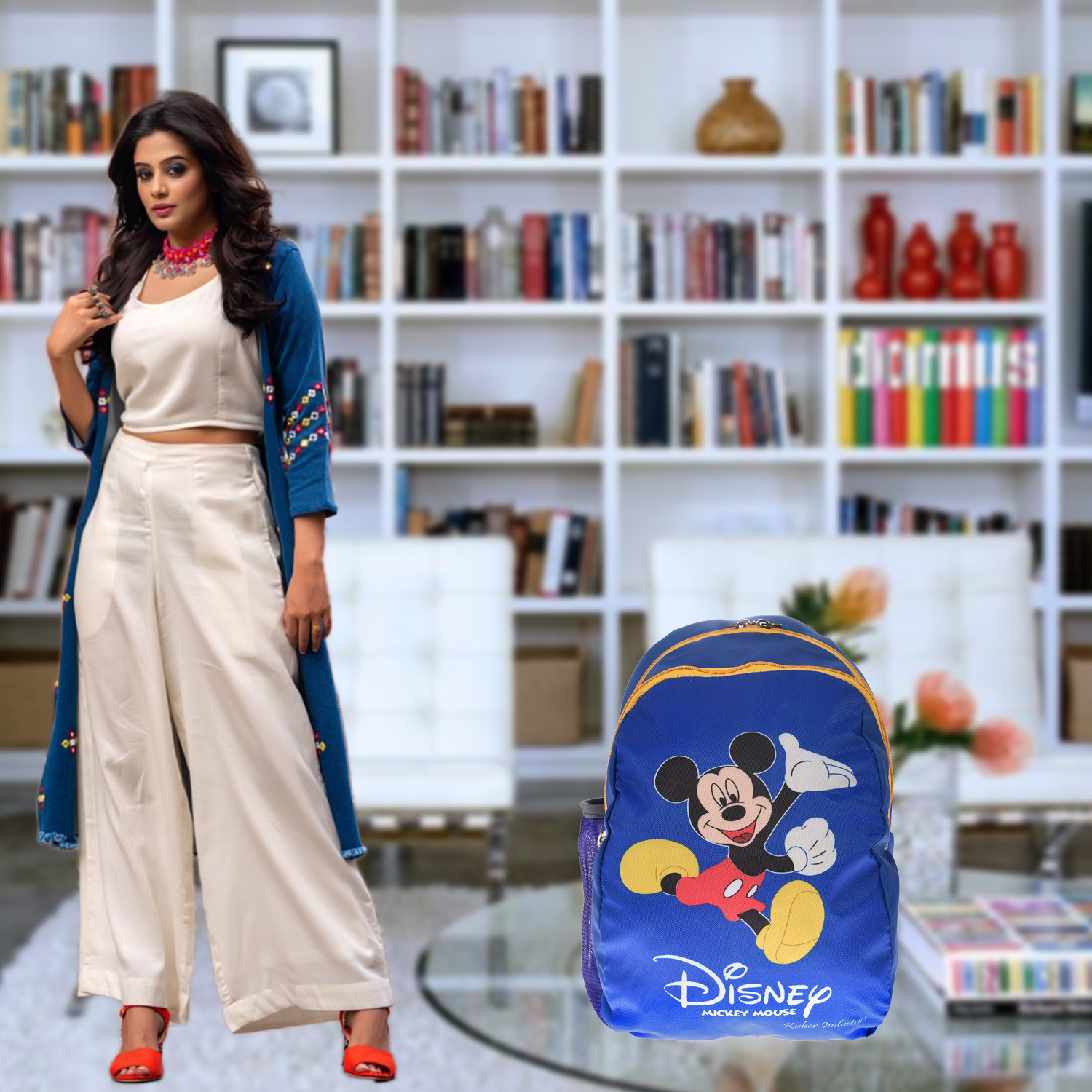 Kuber Industries Disney Mickey School Bag|2 Compartment Polyester School Bagpack|School Bag for Kids|School Bags for Girls with Zipper Closure (Blue)