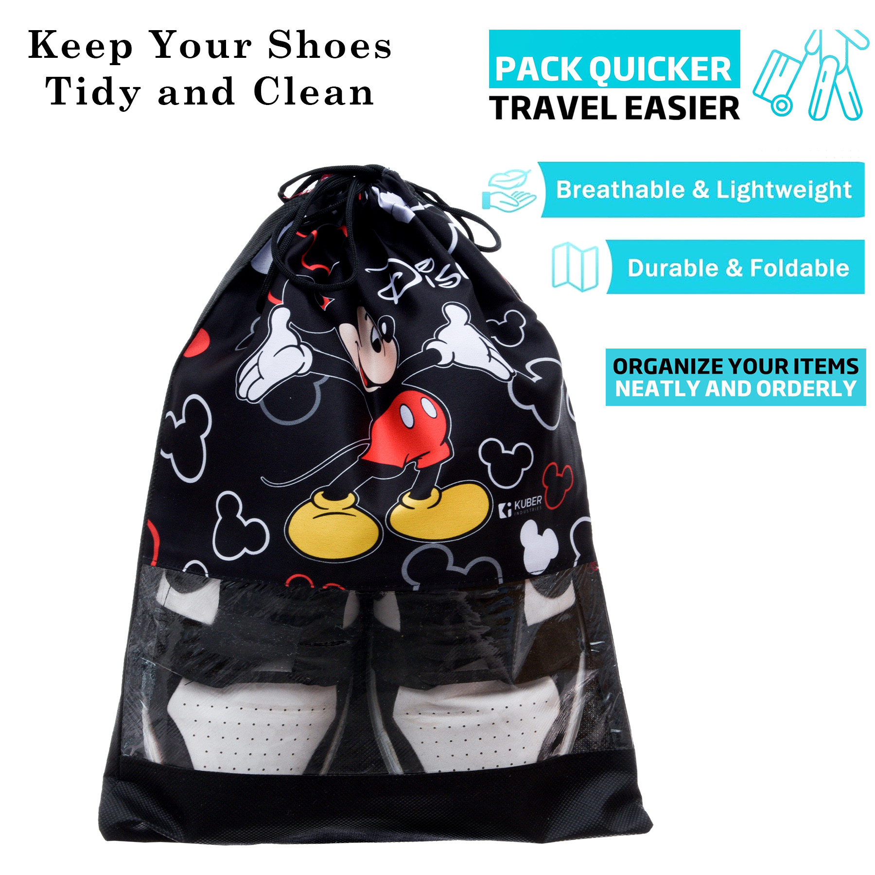 Kuber Industries Disney Mickey Shoe Cover  Travel Shoe Storage Bags  Polyester Storage Bag  Drawstring Shoe Cover  Shoe Organizer with Clear window  Pack of 6  Black