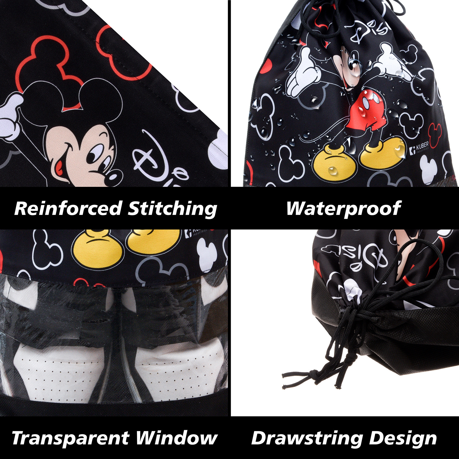 Kuber Industries Disney Mickey Shoe Cover  Travel Shoe Storage Bags  Polyester Storage Bag  Drawstring Shoe Cover  Shoe Organizer with Clear window  Pack of 6  Black