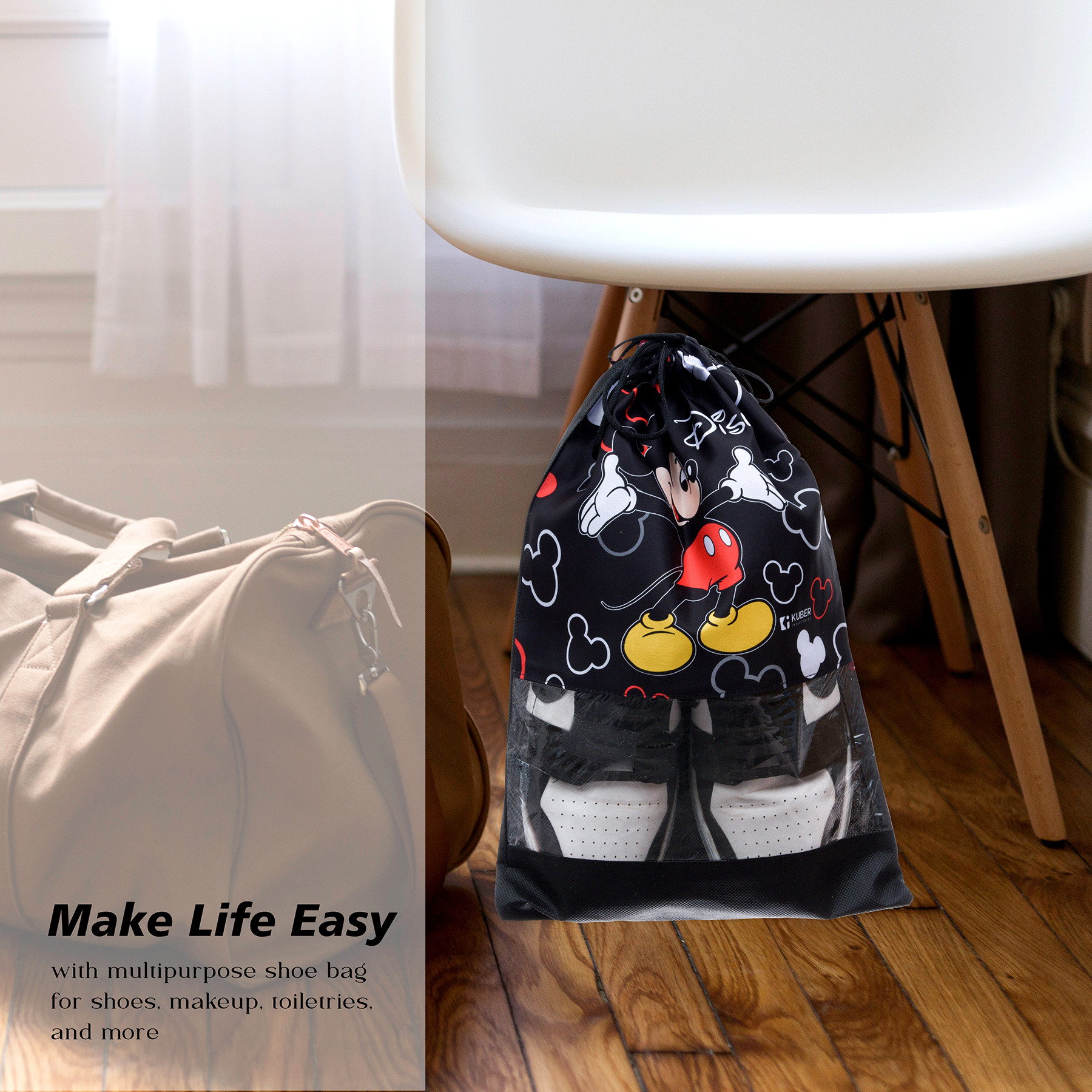 Kuber Industries Disney Mickey Shoe Cover  Travel Shoe Storage Bags  Polyester Storage Bag  Drawstring Shoe Cover  Shoe Organizer with Clear window  Pack of 6  Black