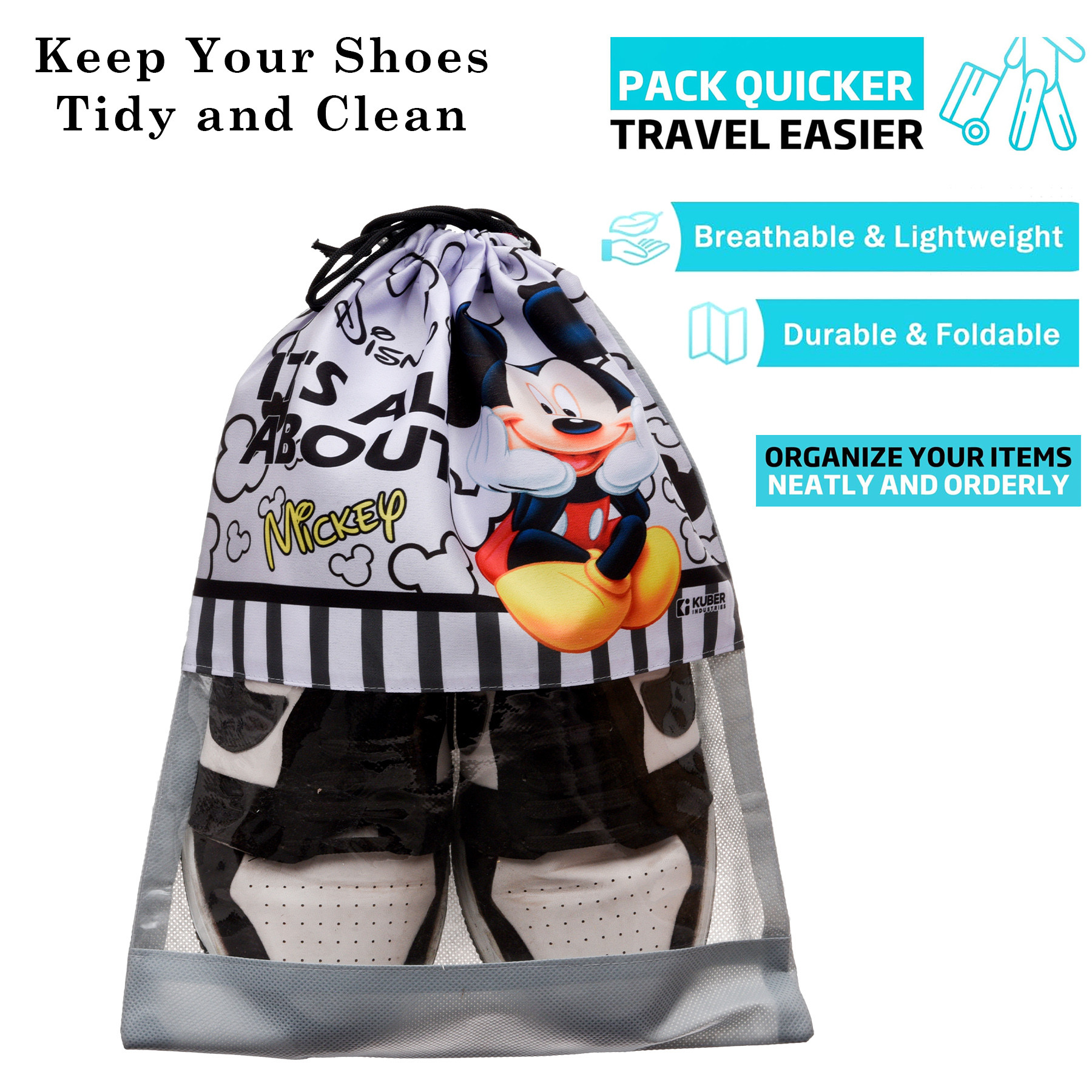 Kuber Industries Disney Mickey Shoe Cover  Travel Shoe Storage Bags  Polyester Storage Bag  Drawstring Shoe Cover  Shoe Organizer with Clear window  Pack of 6  Gray