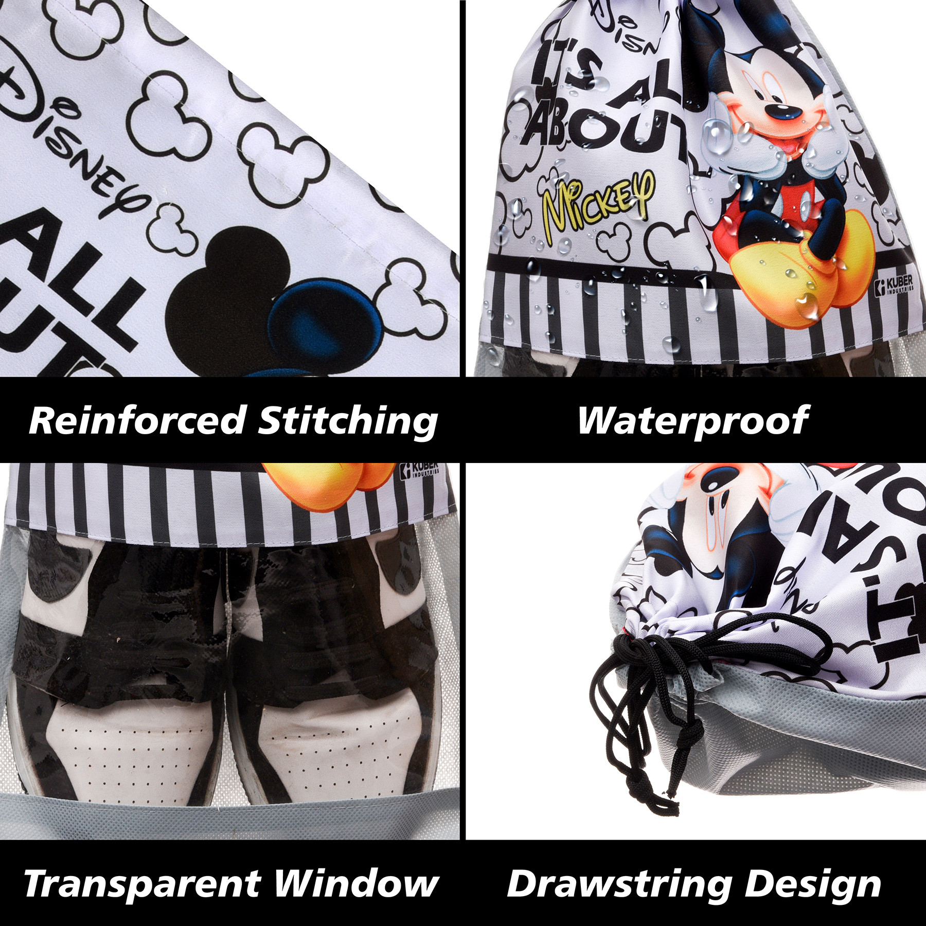 Kuber Industries Disney Mickey Shoe Cover  Travel Shoe Storage Bags  Polyester Storage Bag  Drawstring Shoe Cover  Shoe Organizer with Clear window  Pack of 6  Gray