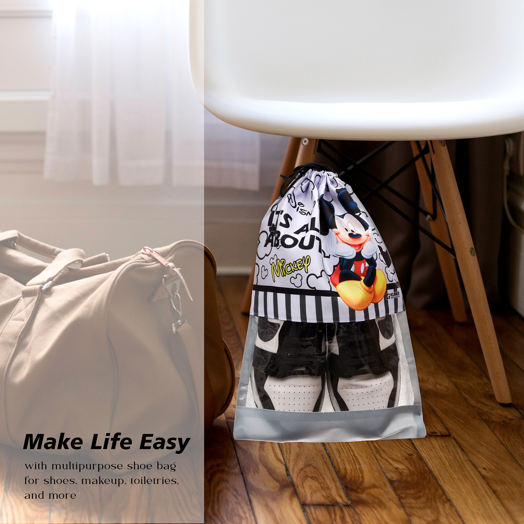 Kuber Industries Disney Mickey Shoe Cover  Travel Shoe Storage Bags  Polyester Storage Bag  Drawstring Shoe Cover  Shoe Organizer with Clear window  Pack of 6  Gray