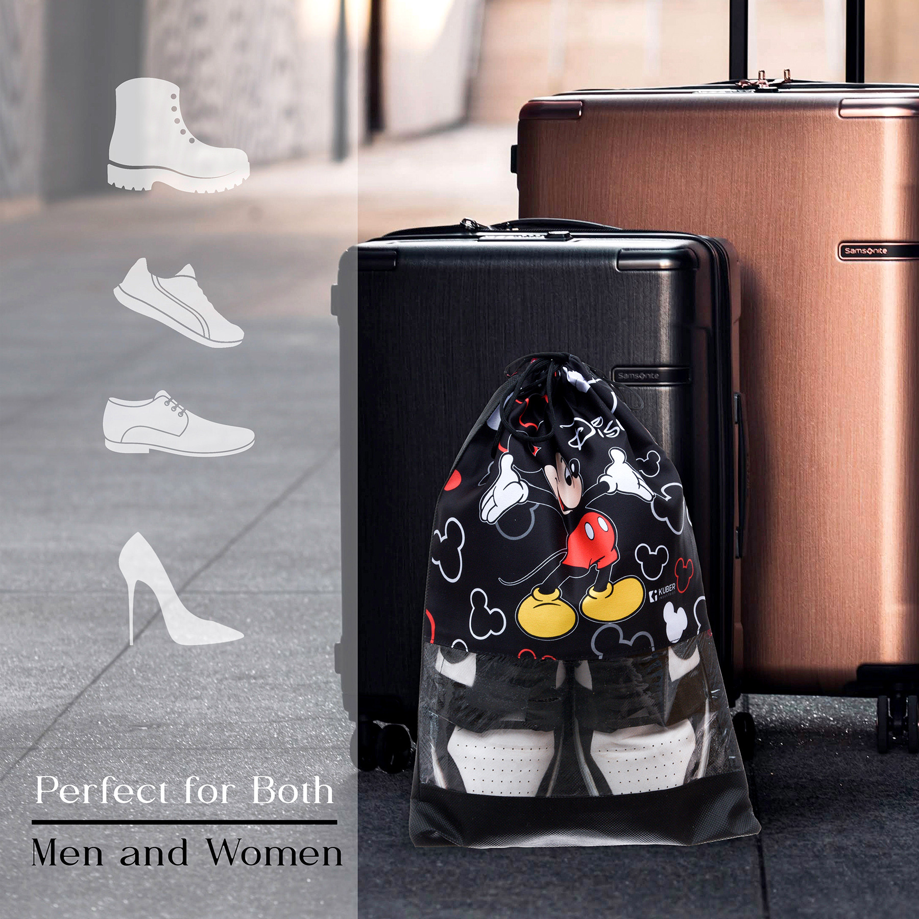 Kuber Industries Disney Mickey Shoe Cover | Travel Shoe Storage Bags | Polyester Storage Bag | Drawstring Shoe Cover | Shoe Organizer with Clear window |Black