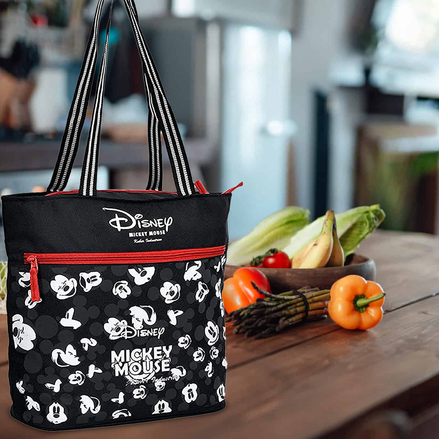 Kuber Industries Disney Mickey Shopping Bag  Grocery Handbag  Vegetable Bag  Front Pocket Shoulder Bag  Grocery Shopping Bag with Handle  Black