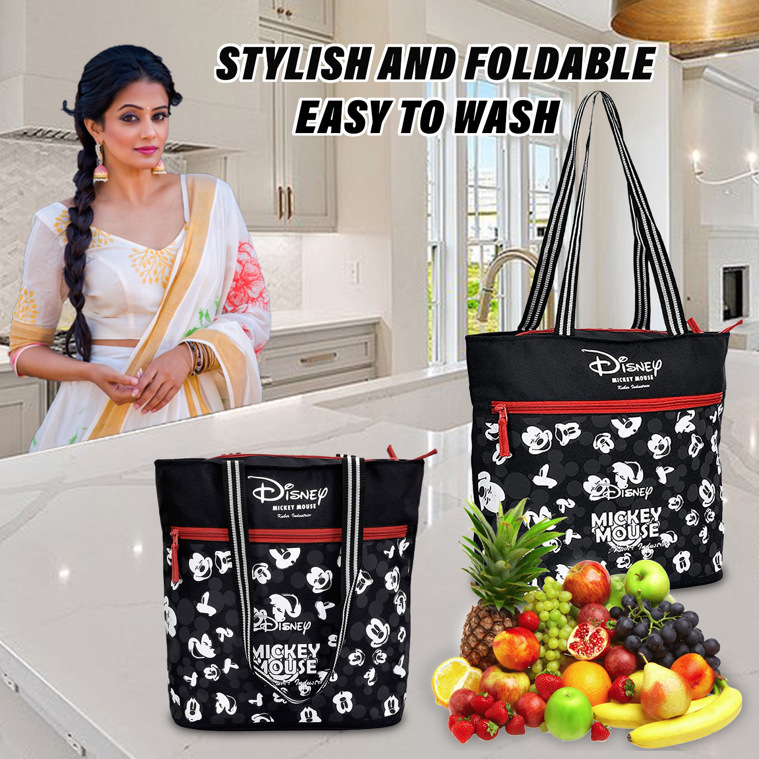 Kuber Industries Disney Mickey Shopping Bag  Grocery Handbag  Vegetable Bag  Front Pocket Shoulder Bag  Grocery Shopping Bag with Handle  Black