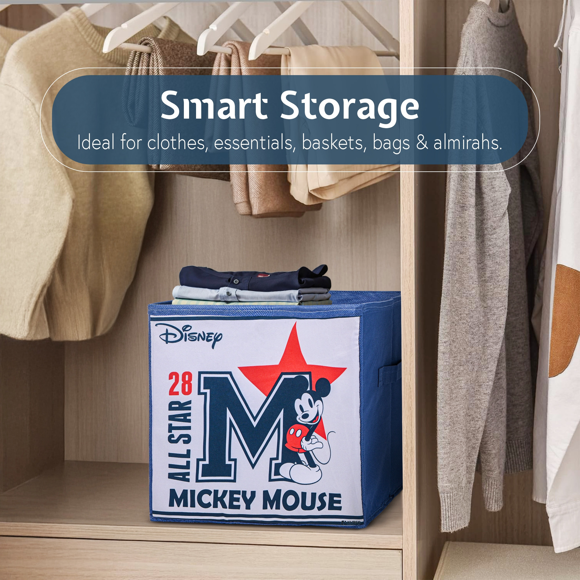 Kuber Industries Disney Mickey Star Large Square Storage Box for Clothes  Foldable Wardrobe Organizer For Toys  Baby Clothes  DrawerCloset Storage Organizer with Handle  Navy Blue