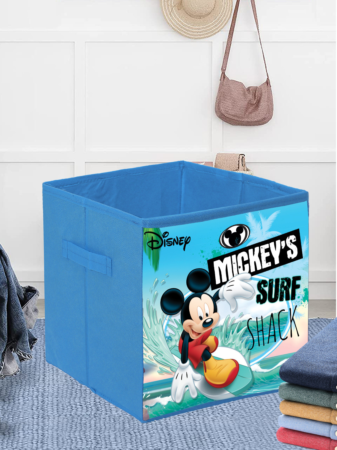 Kuber Industries Disney Mickey Surf Print Durable & Collapsible Square Storage Box|Clothes Organizer With Handle,.(Sky Blue)