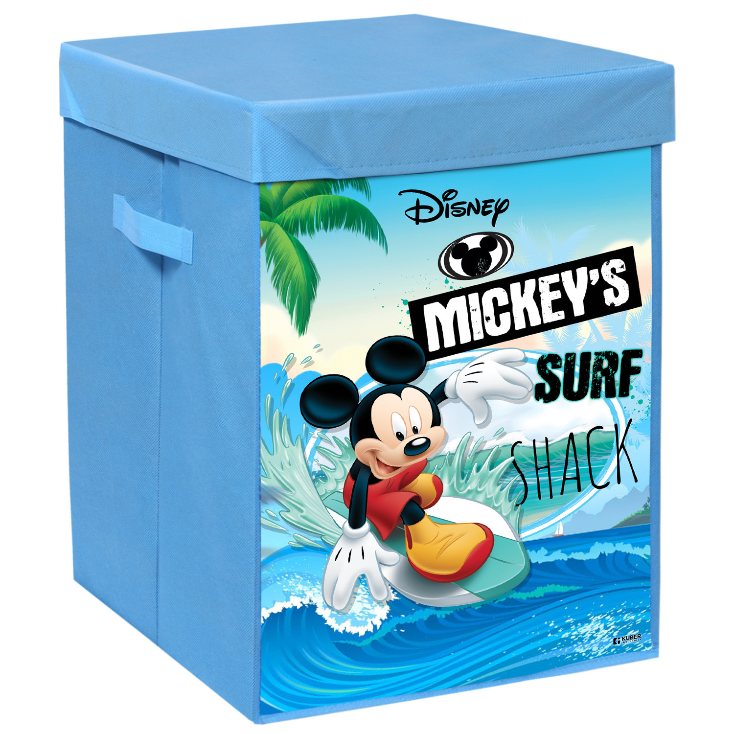 Kuber Industries Disney Mickey Surf Print Foldable Laundry Basket|Clothes Storage Basket With Handle & Lid,60 Ltr.(Blue)