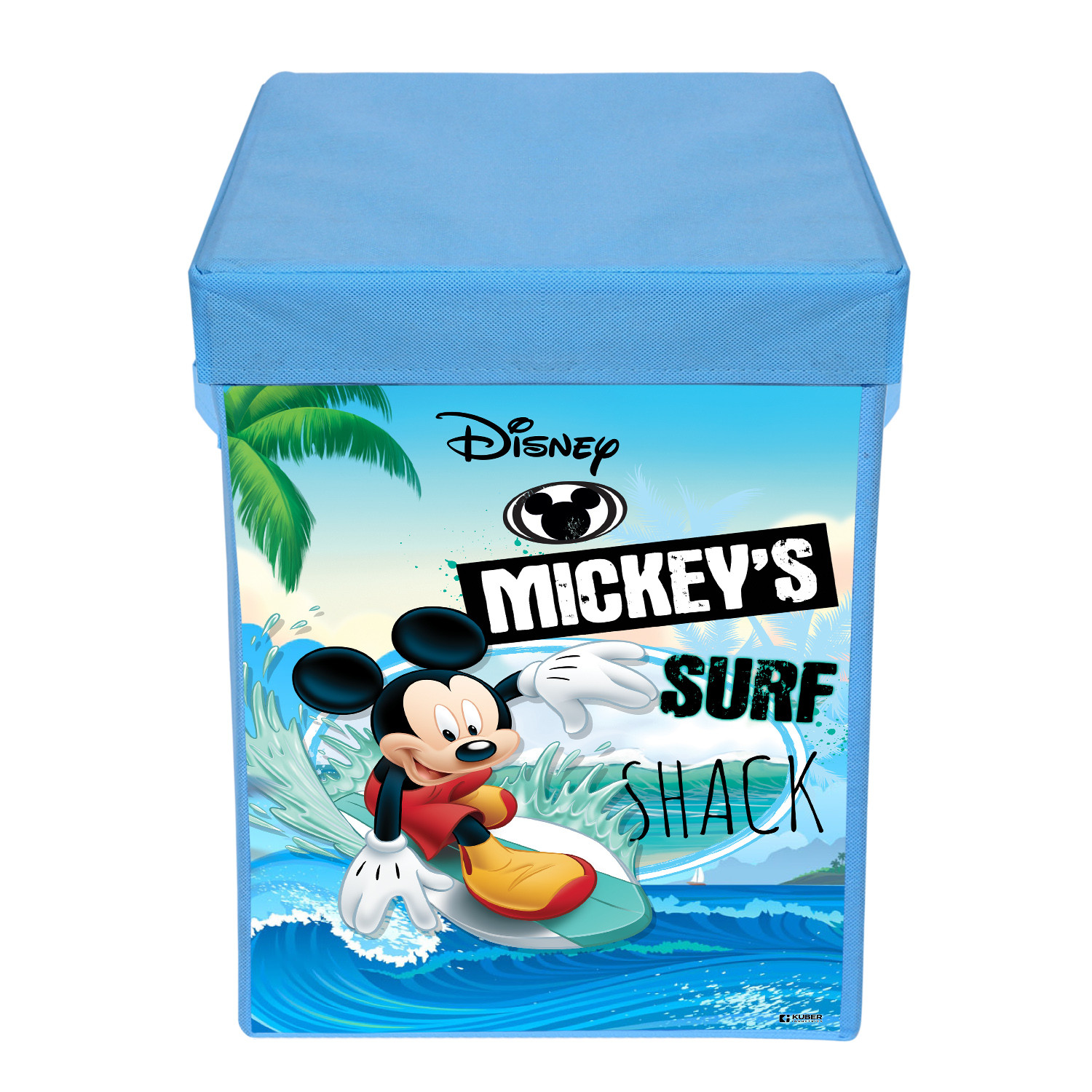 Kuber Industries Disney Mickey Surf Print Foldable Laundry Basket|Clothes Storage Basket With Handle & Lid,60 Ltr.(Blue)
