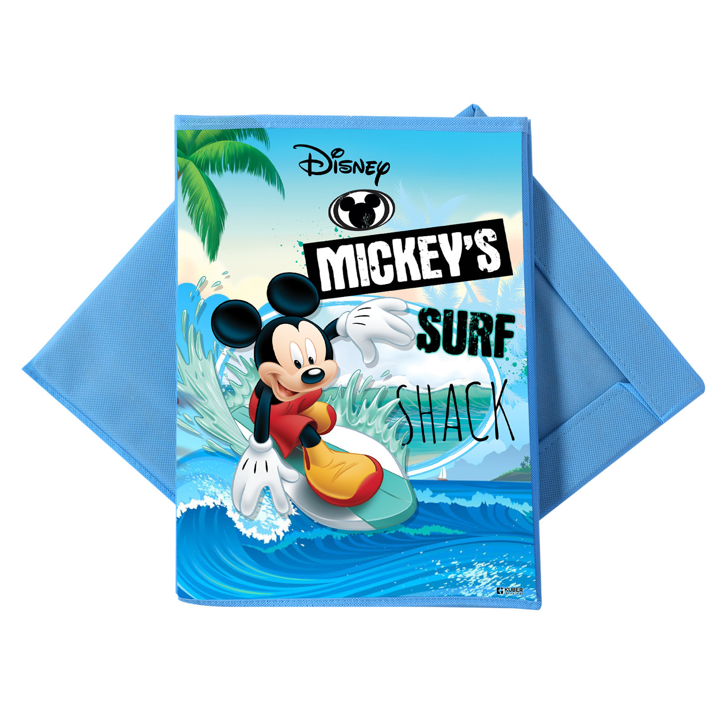 Kuber Industries Disney Mickey Surf Print Foldable Laundry Basket|Clothes Storage Basket With Handle & Lid,60 Ltr.(Blue)