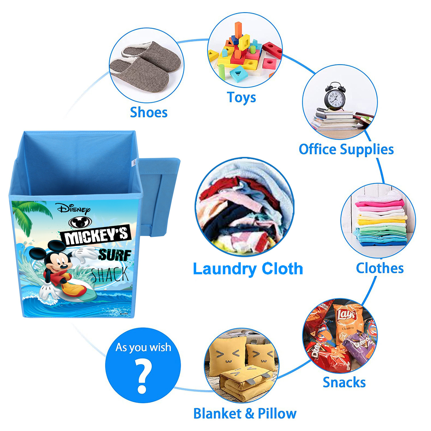 Kuber Industries Disney Mickey Surf Print Foldable Laundry Basket|Clothes Storage Basket With Handle & Lid,60 Ltr.(Blue)
