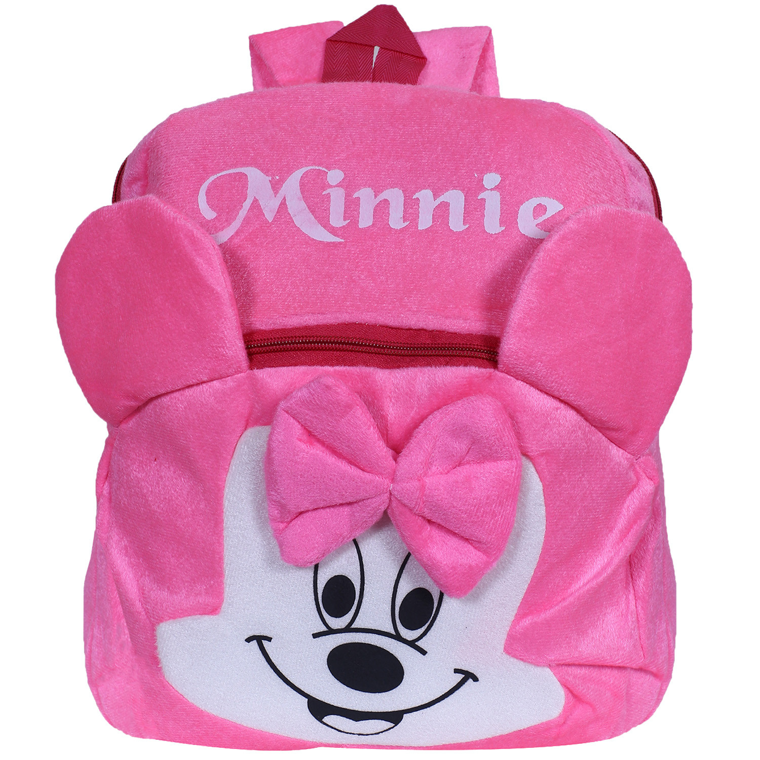 Kuber Industries Disney Minnie Face Plush Backpack|2 Compartment Stitched Velvet School Bag|Durable Toddler Haversack For Travel,School with Zipper Closure (Pink)