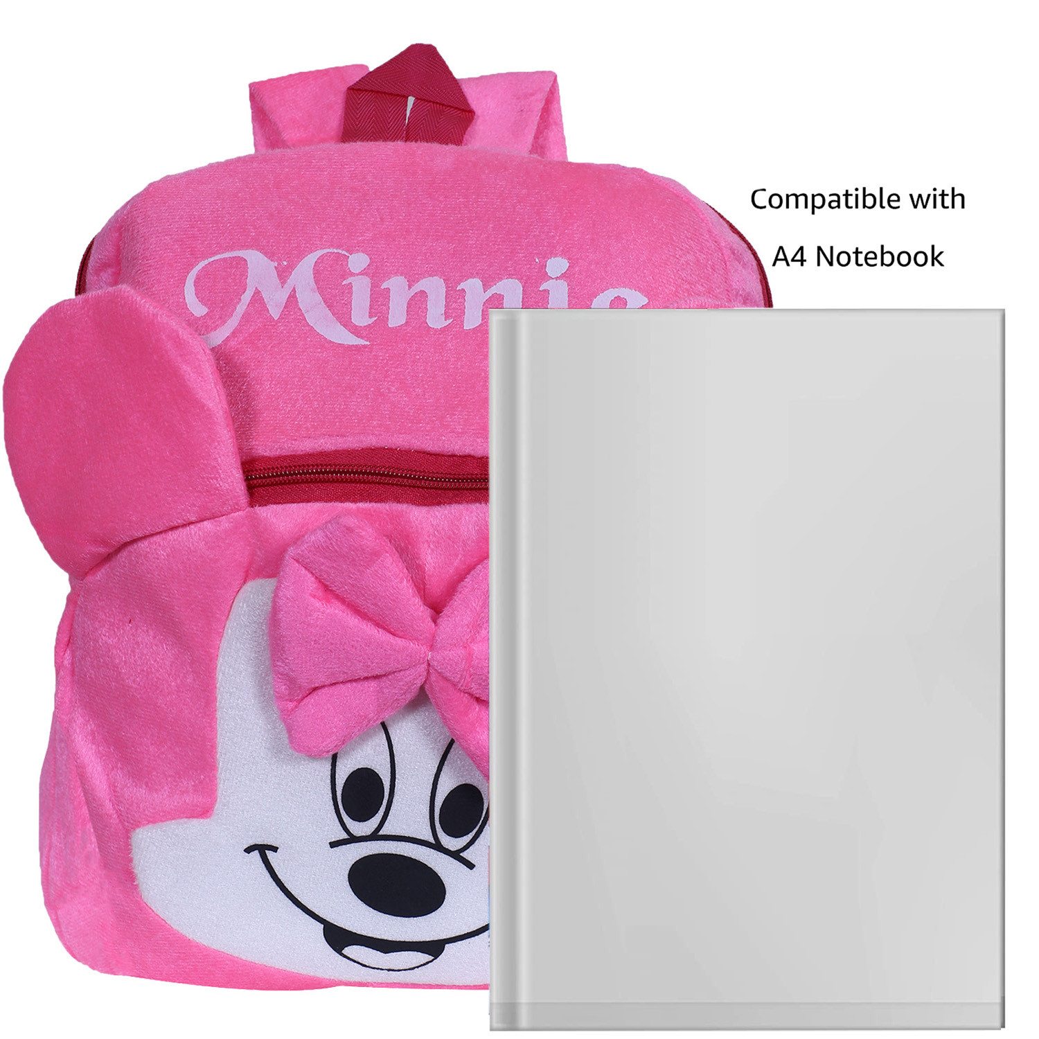Kuber Industries Disney Minnie Face Plush Backpack|2 Compartment Stitched Velvet School Bag|Durable Toddler Haversack For Travel,School with Zipper Closure (Pink)