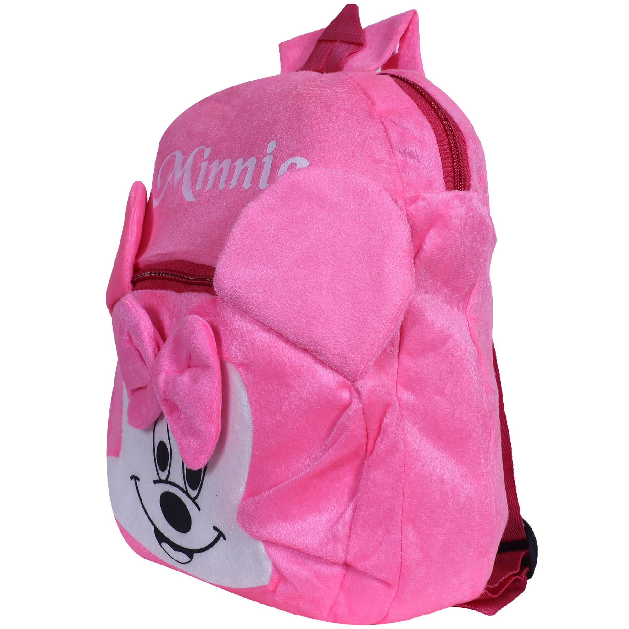 Kuber Industries Disney Minnie Face Plush Backpack|2 Compartment Stitched Velvet School Bag|Durable Toddler Haversack For Travel,School with Zipper Closure (Pink)