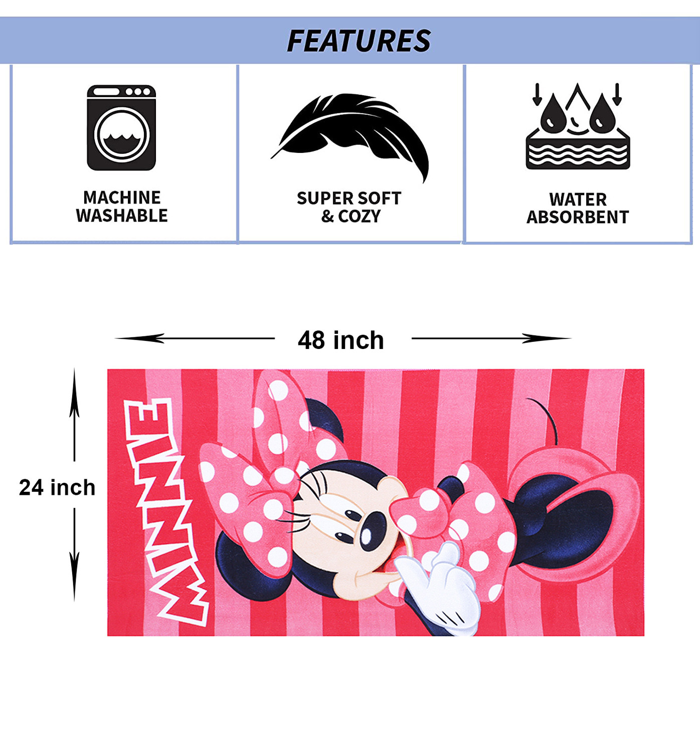Kuber Industries Disney Minnie Kids Bath Towel|Soft Cotton Towel For Kids|Sides Stitched Baby Towel|400 GSM Toddler Bath Towel|24x48 Inch (Pink)