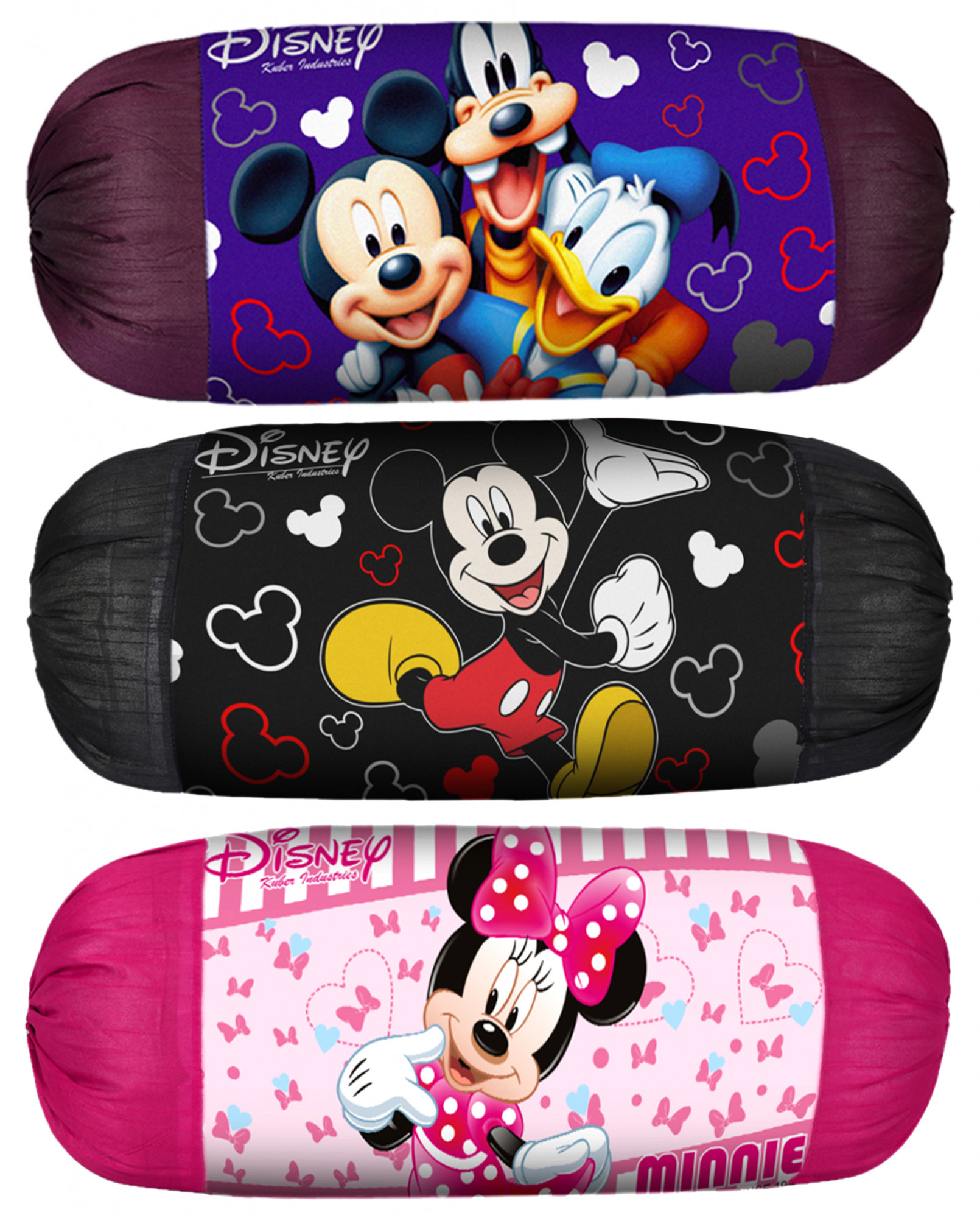 Kuber Industries Disney Minnie Mickey Print Silk Special long Crush Bolster Cover- Set of 3, Roral Blue & Black & Pink