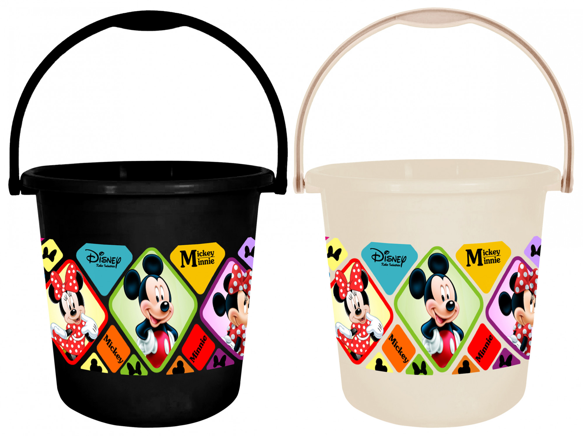 Kuber Industries Disney Minnie Mickey Print Unbreakable Virgin Plastic Strong Bathroom Bucket ,18 LTR-Pack of 2 (Black & Cream)