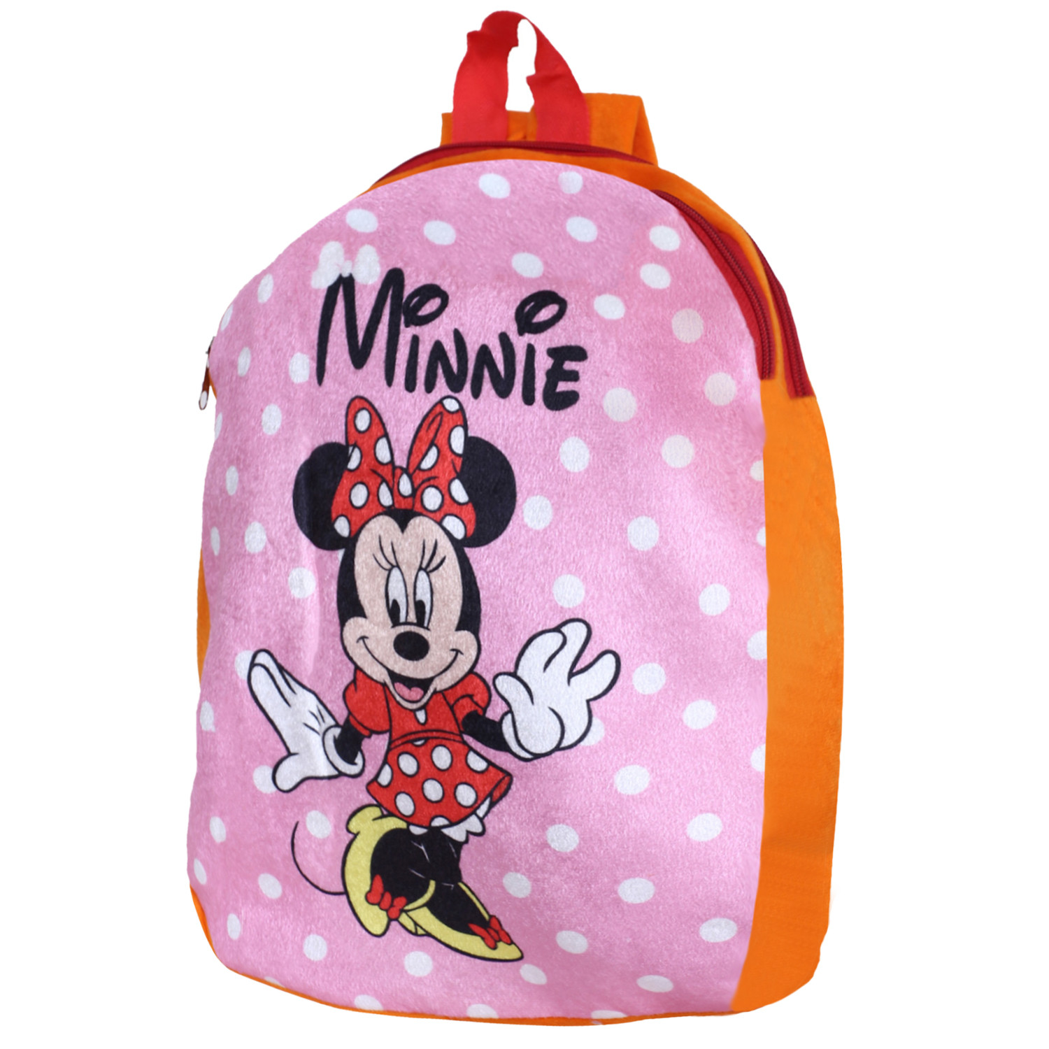 Kuber Industries Disney Minnie Plush Backpack|2 Compartment Stitched Velvet School Bag|Durable Toddler Haversack For Travel,School with Zipper Closure (Pink & Orange)