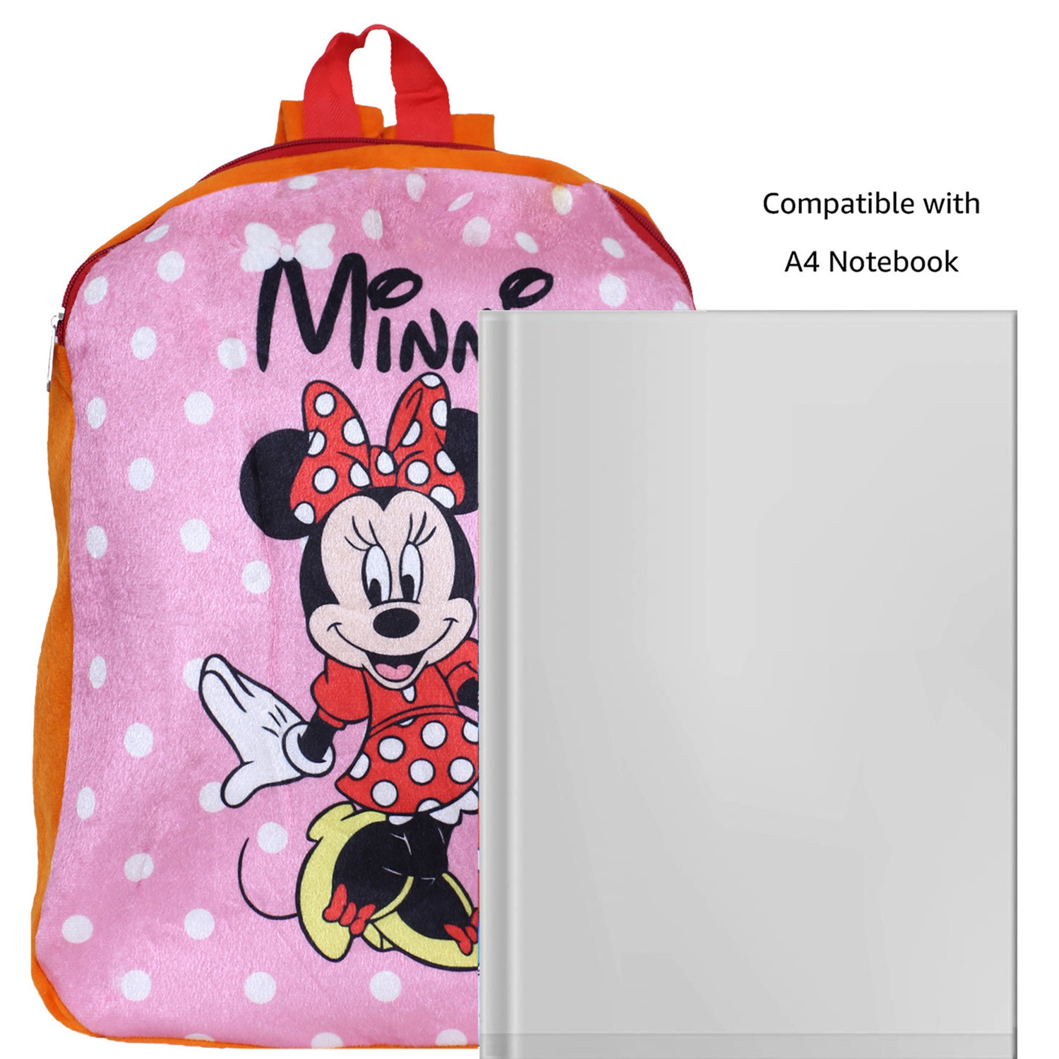 Kuber Industries Disney Minnie Plush Backpack|2 Compartment Stitched Velvet School Bag|Durable Toddler Haversack For Travel,School with Zipper Closure (Pink & Orange)
