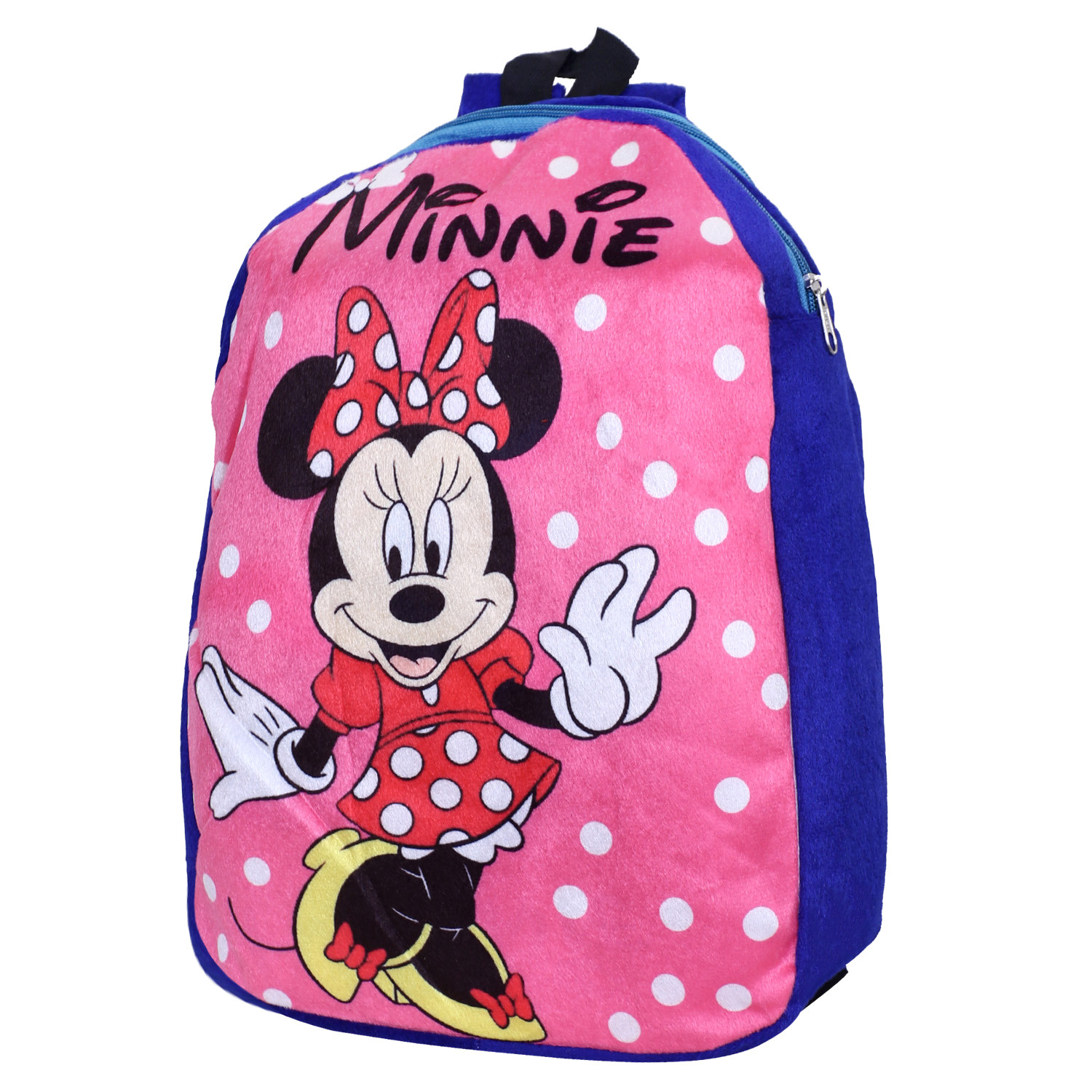 Kuber Industries Disney Minnie Plush Backpack|2 Compartment Stitched Velvet School Bag|Durable Toddler Haversack For Travel,School with Zipper Closure (Pink & Blue)