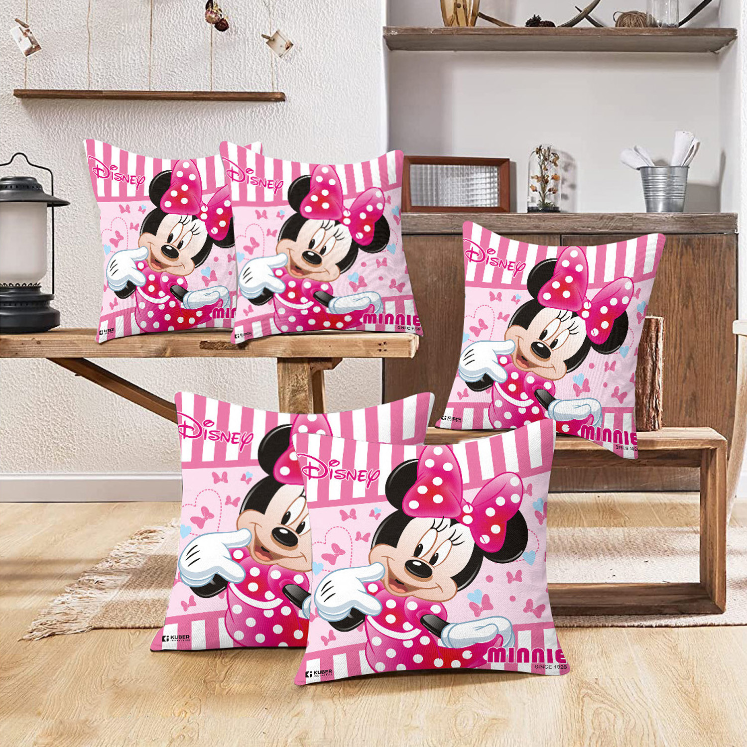Kuber Industries Disney Minnie Print Cushion Cover|Sofa Cushion Covers|Cushion Covers 16 inch x 16 inch|Cushion Cover Set of 5 (Pink)