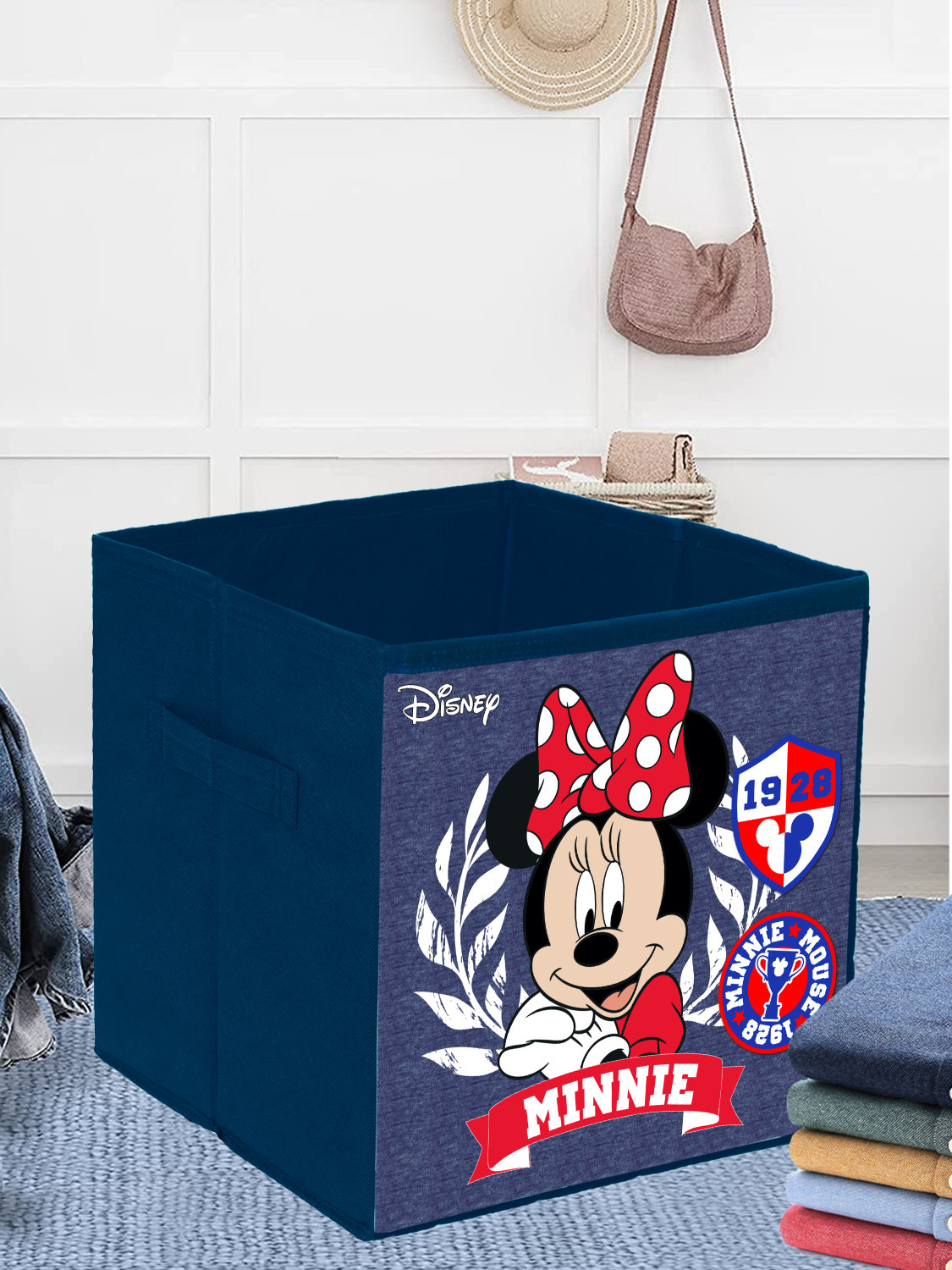 Kuber Industries Disney Minnie Print Durable & Collapsible Square Storage Box|Clothes Organizer With Handle, (Blue)