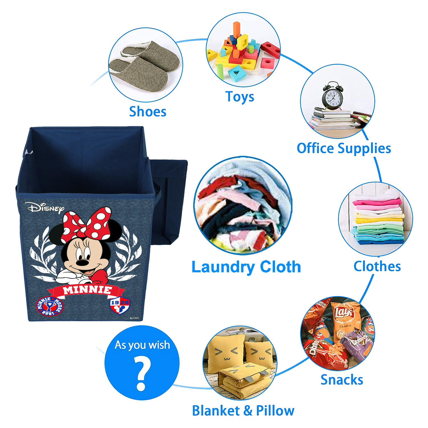 Kuber Industries Disney Minnie Print Foldable Laundry Basket|Clothes Storage Basket With Handle & Lid,60 Ltr.(Navy Blue)
