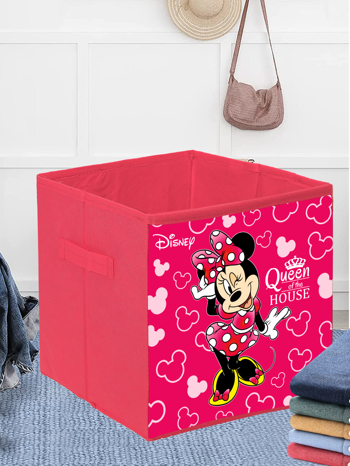 Kuber Industries Disney Minnie Print Foldable Laundry Basket|Clothes Storage Basket With Handle & Lid,.(Pink)