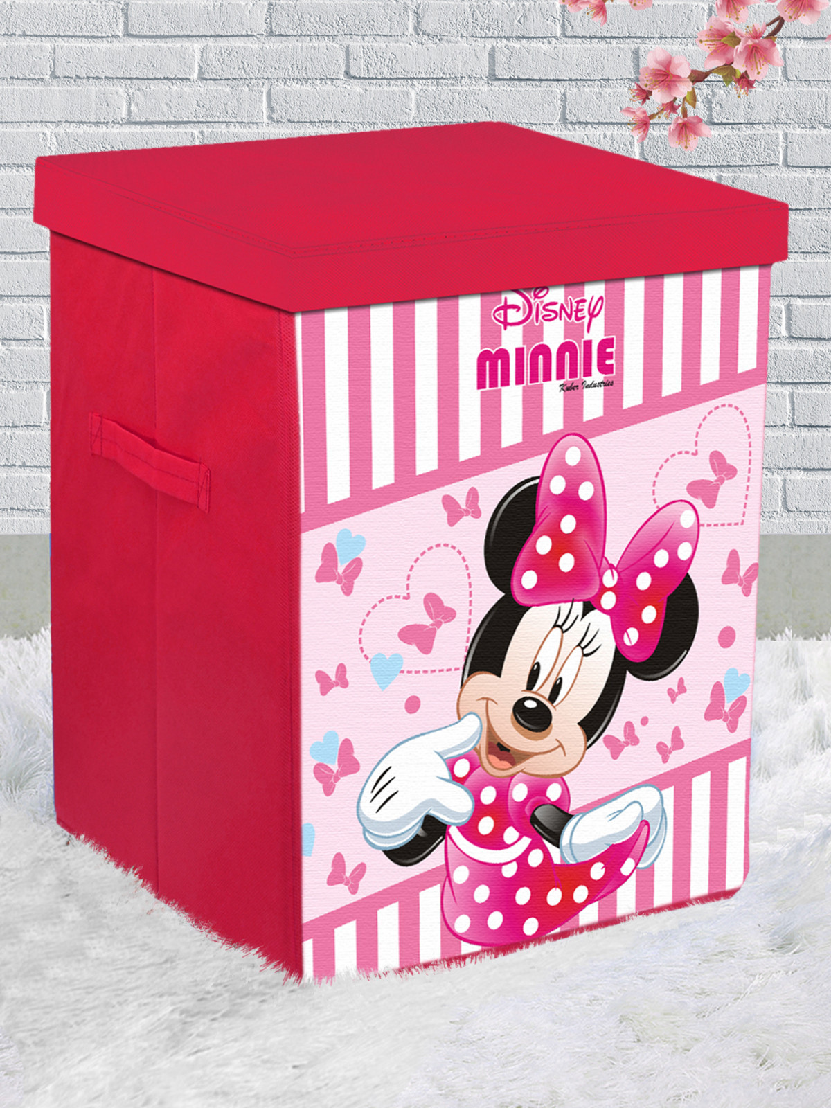 Kuber Industries Disney Minnie Print Non Woven Fabric Foldable Laundry Organiser With Lid & Handles (Pink)